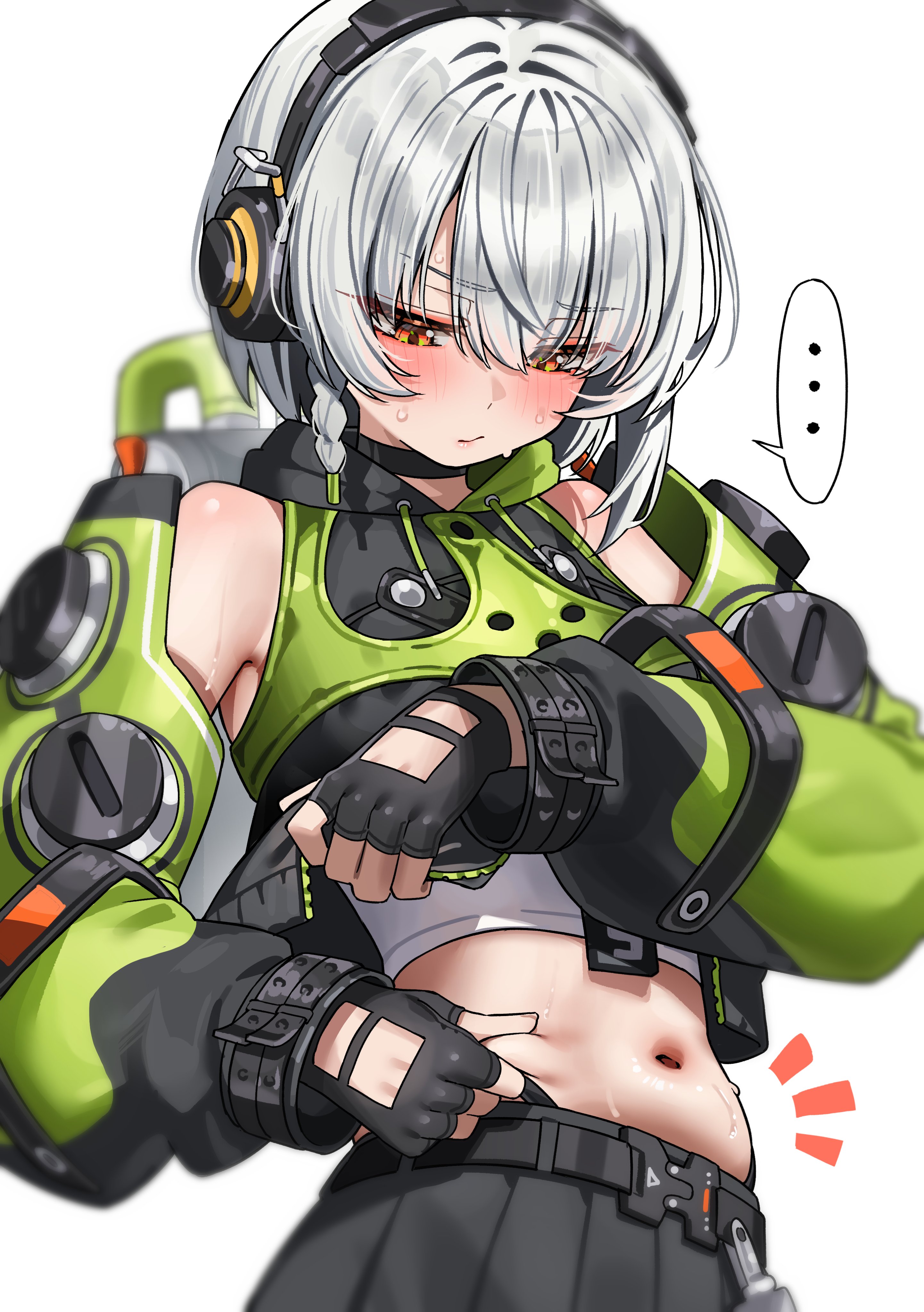 1female, 1girls, anby demara, belly button, blush, chubby, female, fingerless gloves, frown, gloves, green tea (matchaistasty), headphones, midriff, pinching stomach, silver hair, solo, white hair, zenless zone zero