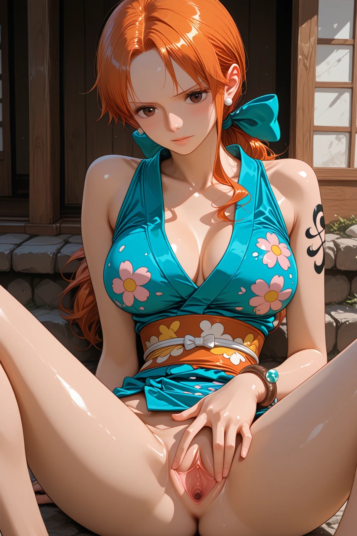1girls, ai generated, breasts, cute, female, female only, gavver x, nami (one piece), nipples, one piece, pussy, spread legs, spread pussy