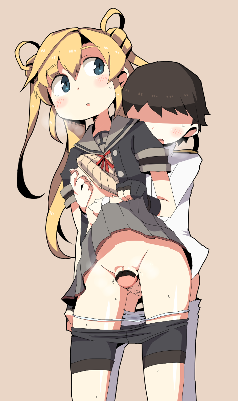 1boy abukuma_(kantai_collection) admiral_(kantai_collection) bike_shorts blonde_hair blue_eyes blush breast_grab breasts censored clothing dokan_(dkn) female from_behind frottage grabbing hair_rings kantai_collection legs_together long_hair male open_mouth panties panties_down panty_pull penetration penis pussy sailor_collar sex shirt shirt_lift shorts shorts_pull simple_background skirt skirt_lift small_breasts underwear vaginal_penetration white_panties