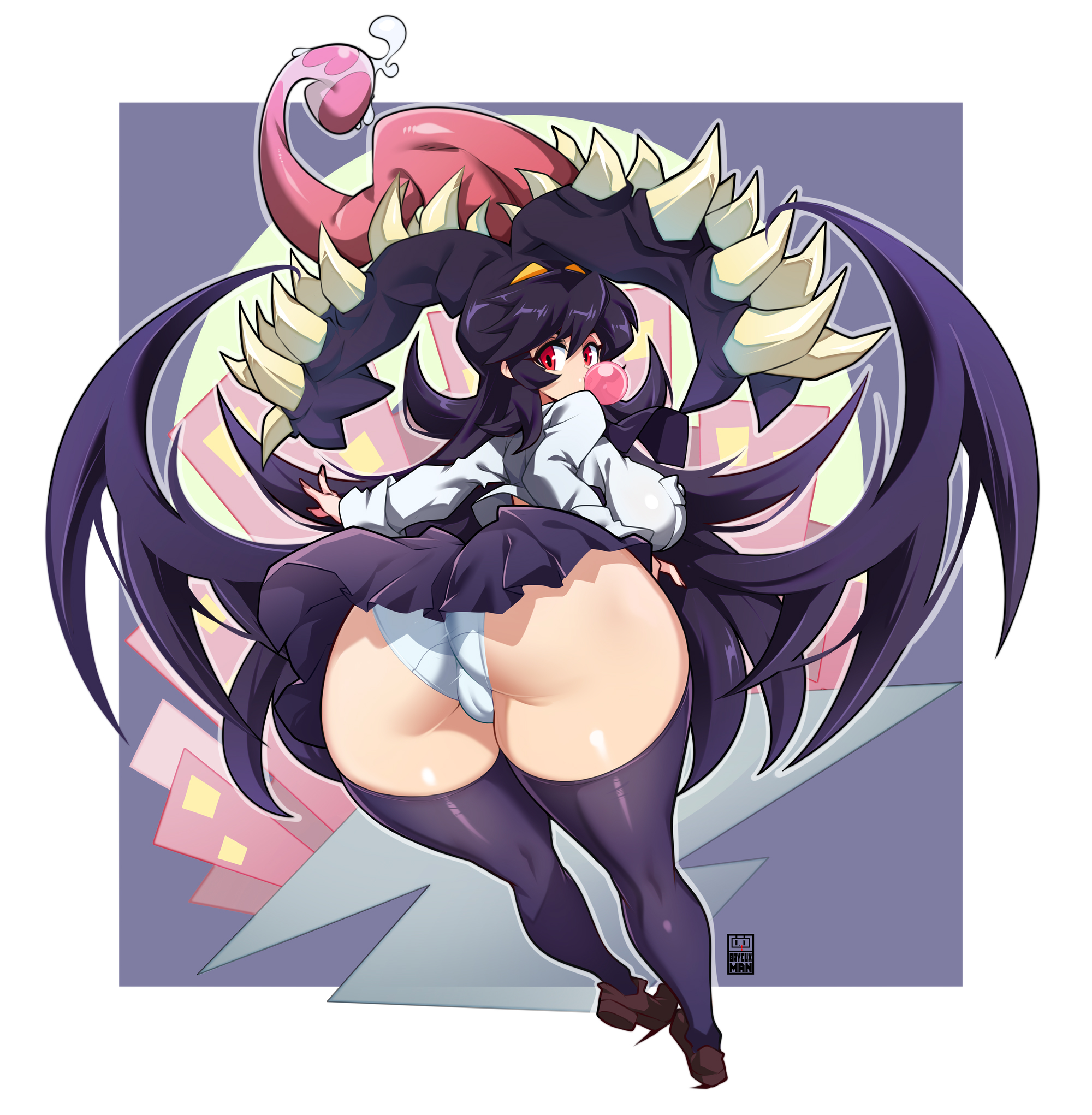 1girls, 2d, bayeuxman, black hair, female, filia (skullgirls), gum, high resolution, long hair, necktie, panties, red eyes, samson (skullgirls), school uniform, skirt, skirt lift, skullgirls, tagme, thighhighs, thighs, tongue, tongue out, white panties