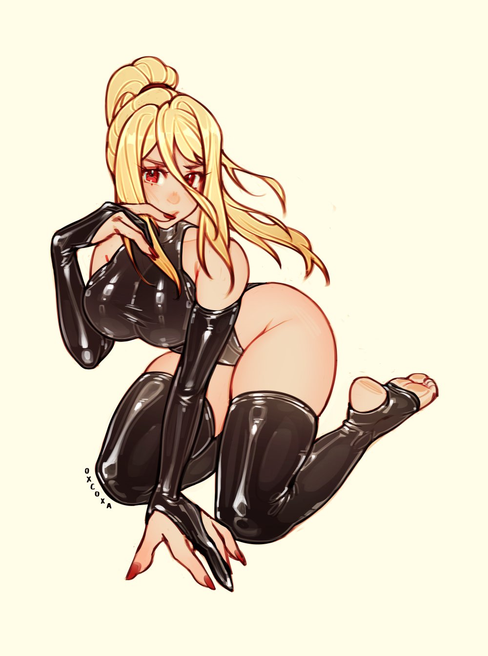 1girls, big breasts, blonde hair, breasts, female, female only, foot fetish, goth, latex, latex clothing, latex stirrup stockings, latex thighhighs, long fingernails, long nails, metroid, nail polish, on knees, oxcoxa, painted fingernails, painted nails, ponytail, red eyes, samus aran, shiny clothes, solo, stirrup legwear, thick thighs, thighhighs, tight clothing