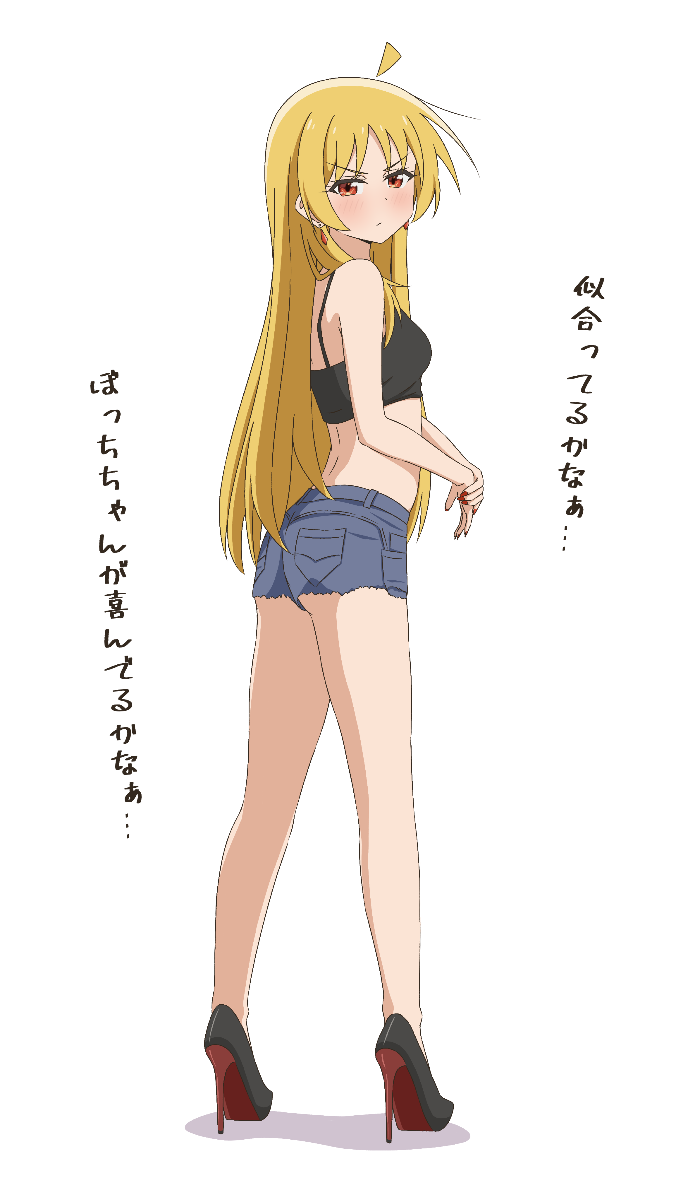 1girls, annoyed, back view, bare legs, blonde hair, bocchi the rock!, booty shorts, crop top, female, full body, heels, high heels, ijichi seika, japanese text, long hair, looking at viewer, painted nails, platform footwear, platform heels, red eyes, solo, solo female, stiletto heels, text, thundradrawings