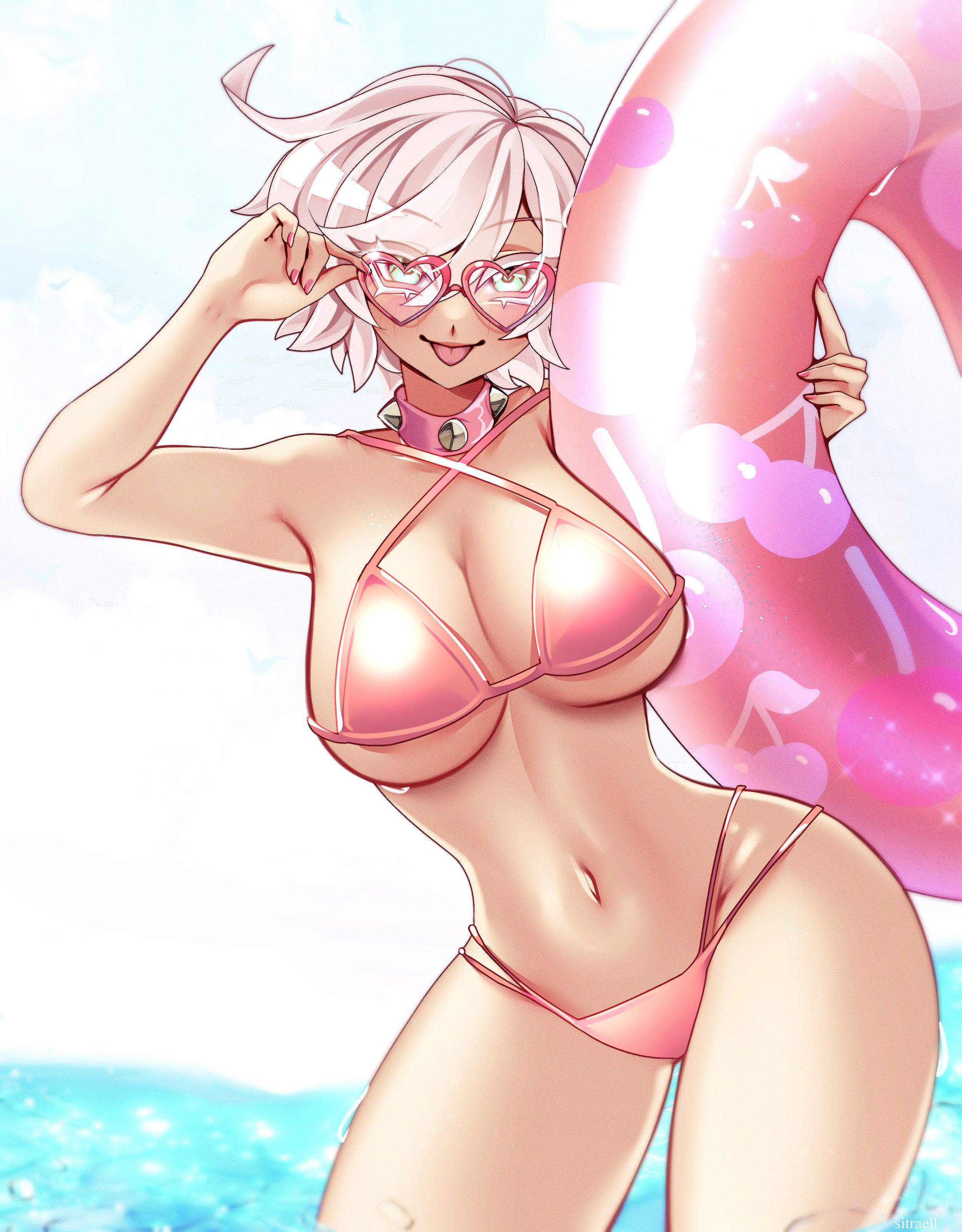 1girls, big breasts, bikini, breasts, cleavage, collar, elphelt valentine, female, female only, glasses, green eyes, guilty gear, guilty gear strive, holding innertube, innertube, large breasts, looking at viewer, navel, pink bikini, short hair, sitraell, solo, swimsuit, tagme, thick thighs, thighs, tongue, tongue out, white hair