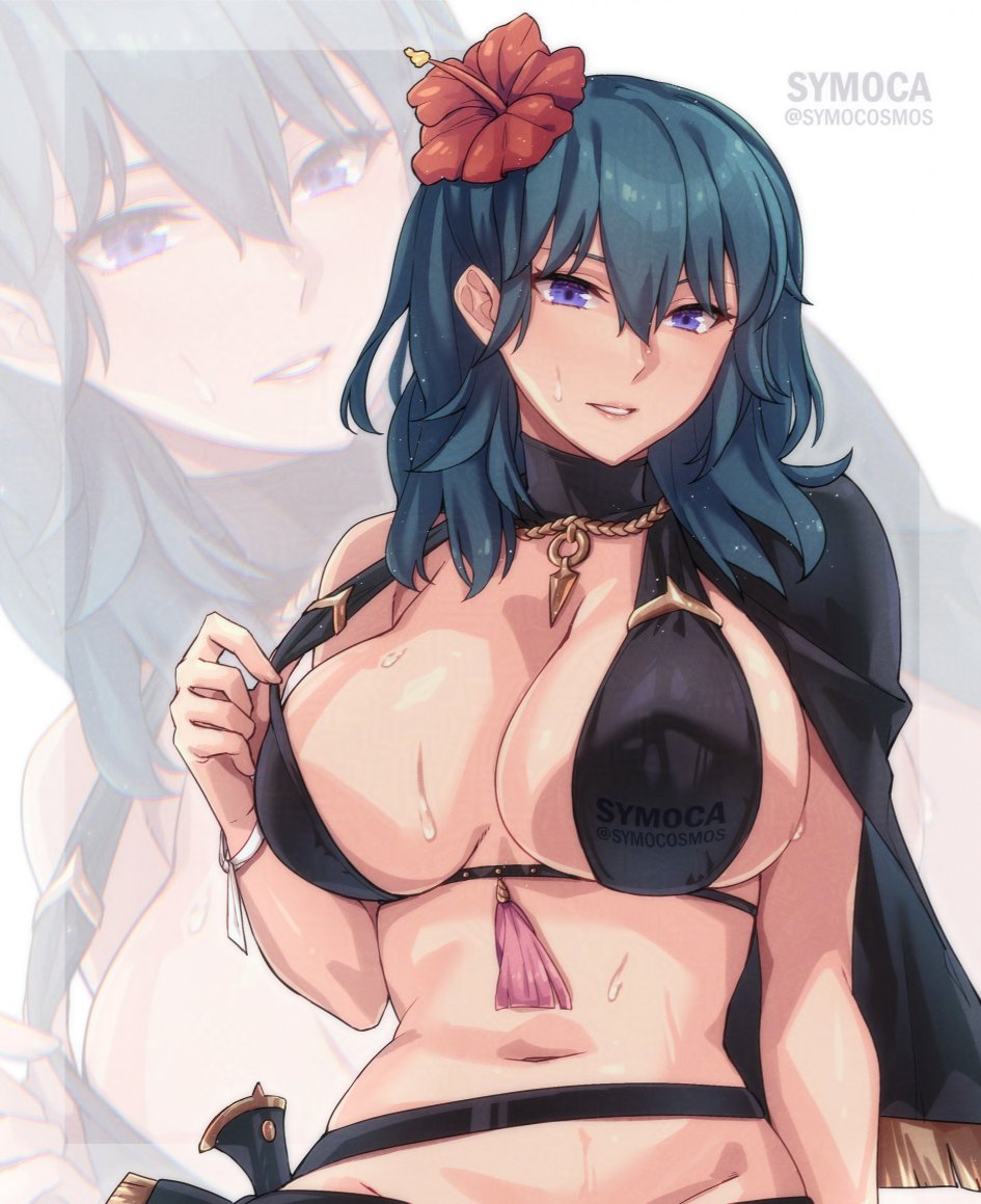 bare shoulders, bikini, black bikini, black cape, blue eyes, blue hair, breasts, byleth (fire emblem), byleth (fire emblem) (female), byleth (summer) (fire emblem) (female), cape, choker, cleavage, collarbone, female, female only, fire emblem, fire emblem heroes, flower, hair flower, hair ornament, hibiscus, large breasts, long hair, looking at viewer, navel, nintendo, official alternate costume, parted lips, red flower, smile, solo, stomach, swimsuit, symoca, teeth, upper body, wet
