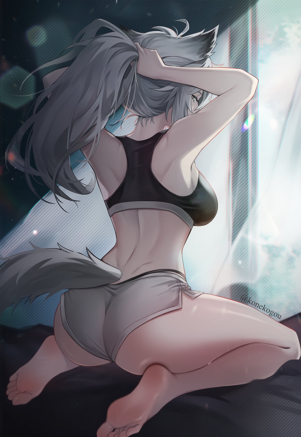 ai generated, animal ears, arknights, ass, feet, female, female only, konekogou, lappland (arknights), tail