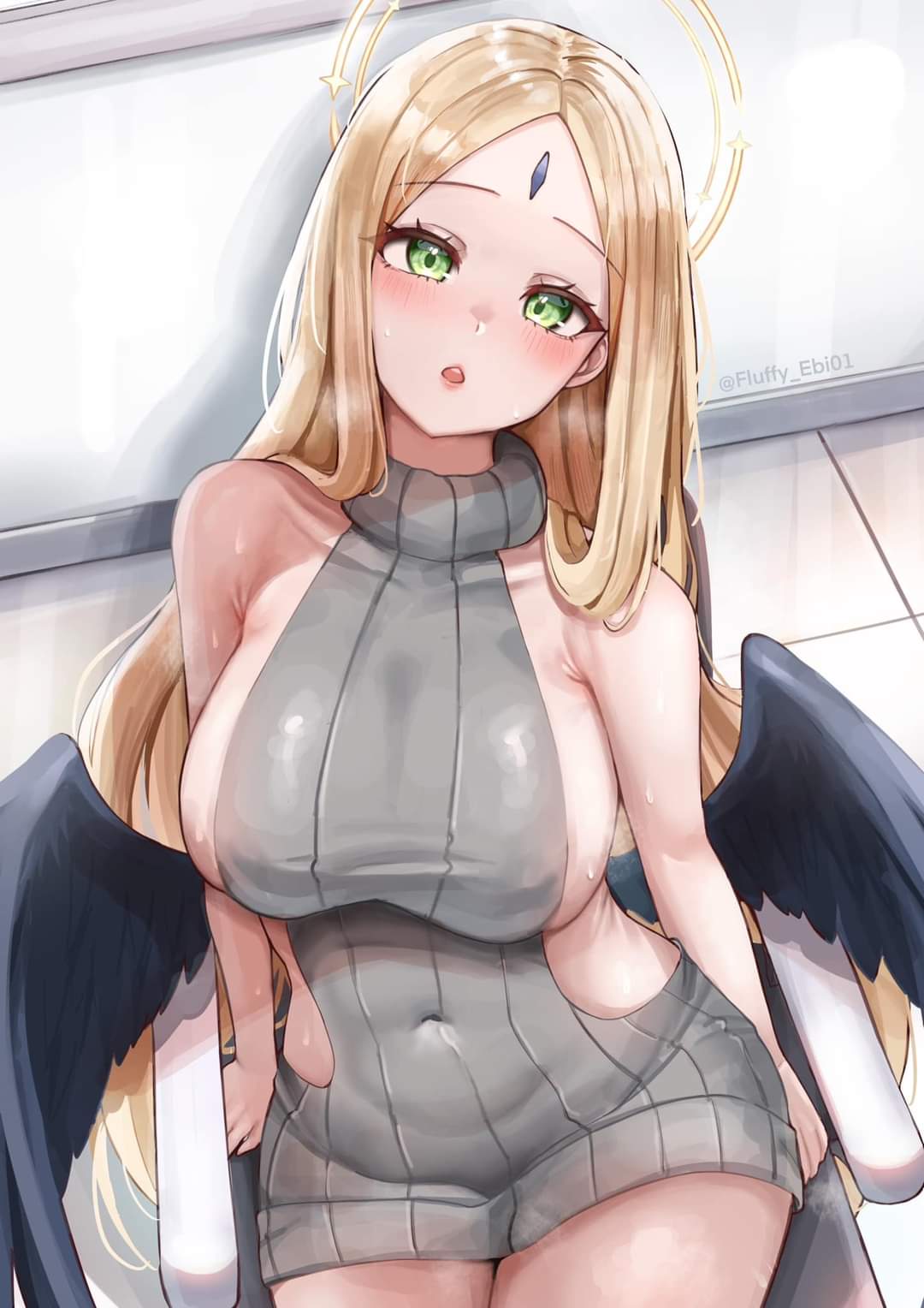 1girls, artist request, ayumu (blue archive), belly button, big breasts, blonde hair, blue archive, breasts, female, female only, general student council (blue archive), halo, sideboob, sitting on chair, sweaty body, thick thighs, virgin killer sweater, wings