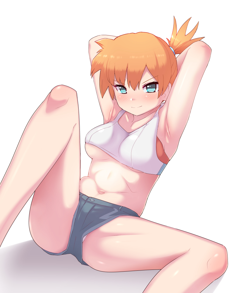 1girls 2010s 2019 abs anime armpits arms_behind_head ass belly big_breasts blue_eyes blue_shorts blush bra breasts busty chilling closed_mouth clothed clothing confident denim_shorts exposed_belly female female_only heroine human human_only jean_shorts kasumi_(pokemon) large_breasts leaning_back legs light-skinned_female light_skin looking_at_viewer maidforge manga misty_(pokemon) misty_(pokemon_lgpe) navel orange_hair panties pokemon pokemon_lgpe pokemon_rgby pose posing relaxing rolling_eyes shiny_skin shorts simple_background sitting_backwards smile smirk smirking solo solo_female solo_focus sports_bra spread_legs strong_tomboy_(spectrum) tank_top teenage_girl teenager tied_hair tomboy trembling underboob upshorts video_game white_background white_tank_top