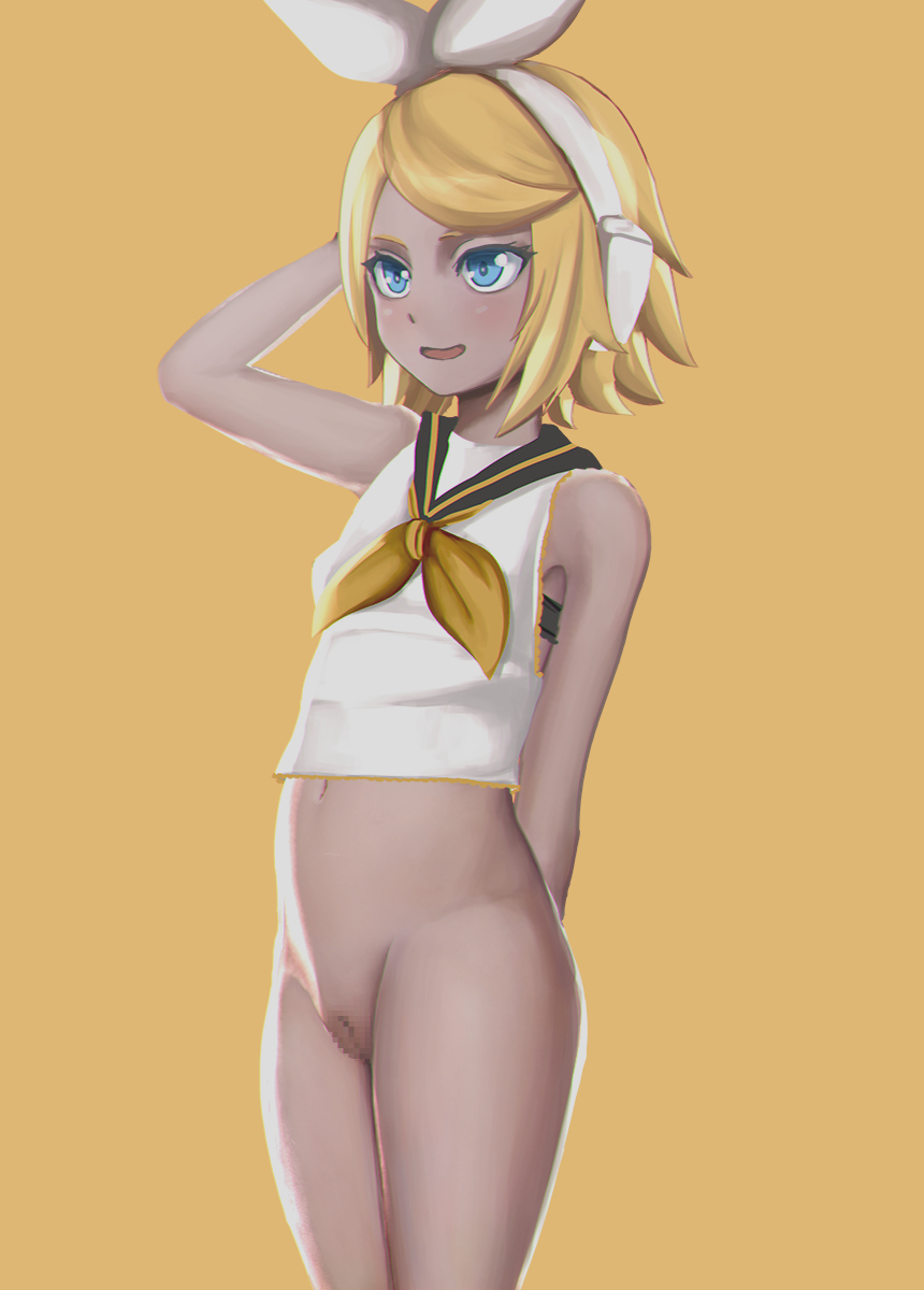 arm_behind_back arm_up armad black_bra blonde_hair blush bottomless bra breasts censored collarbone female hairband highres innie_pussy kagamine_rin midriff mosaic_censoring navel neckerchief open_mouth pussy shirt short_hair simple_background sleeveless sleeveless_shirt small_breasts smile solo standing third-party_edit underwear vocaloid white_hairband yellow_background