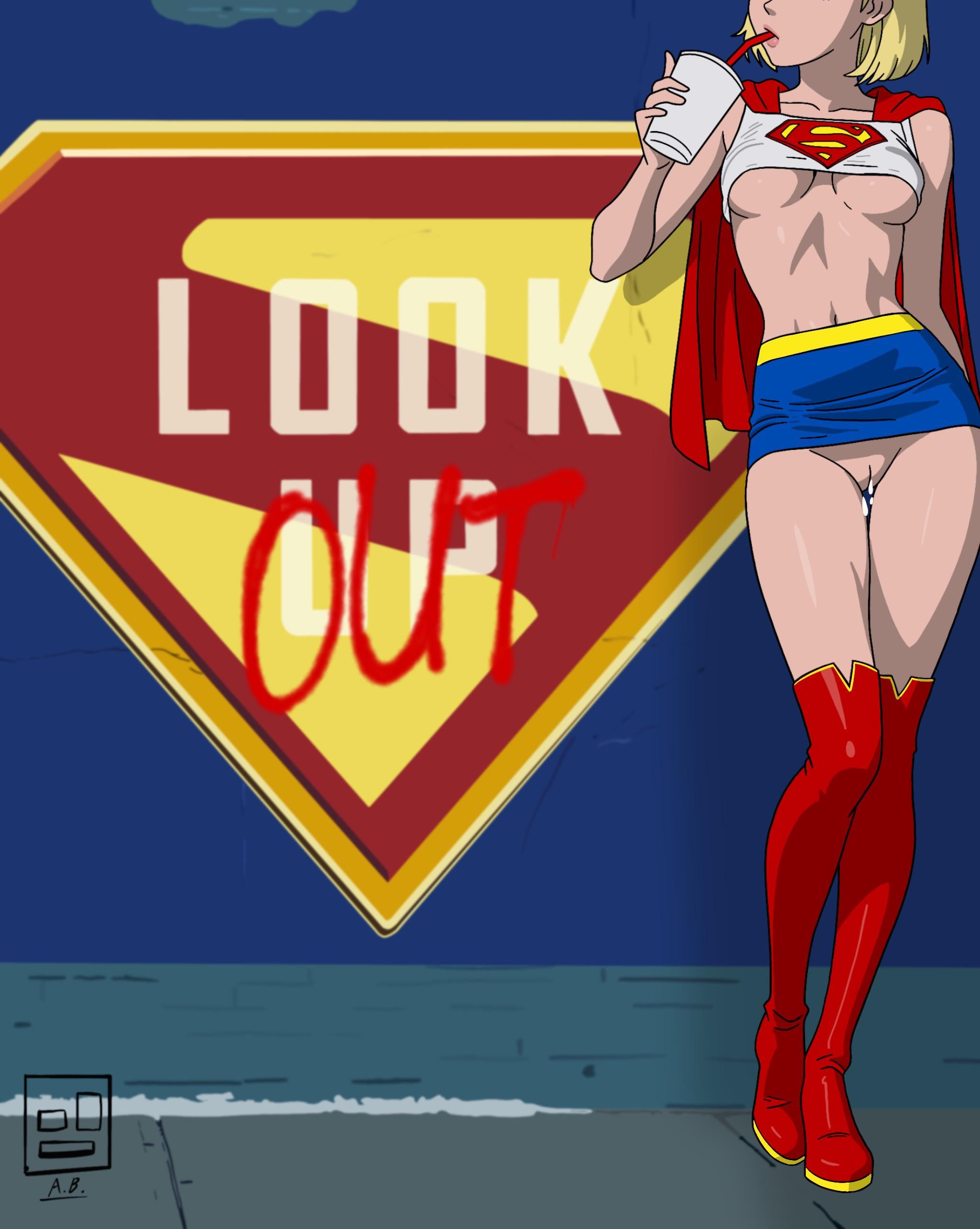 1girls, 2d, 2d (artwork), a.b., blonde hair, boots, breasts, cape, crop top, cum in pussy, cum leaking, cum leaking out of pussy, dc, dc comics, dcau, dcu, drink, drinking, female, kara zor-el, knee boots, leaking cum, light skin, light-skinned female, no bra, no panties, parody, pussy, skirt, sleeveless, solo, solo female, straw, straw in mouth, supergirl, supergirl (2026), supergirl (series), superman (series), underboob, upskirt, white shirt