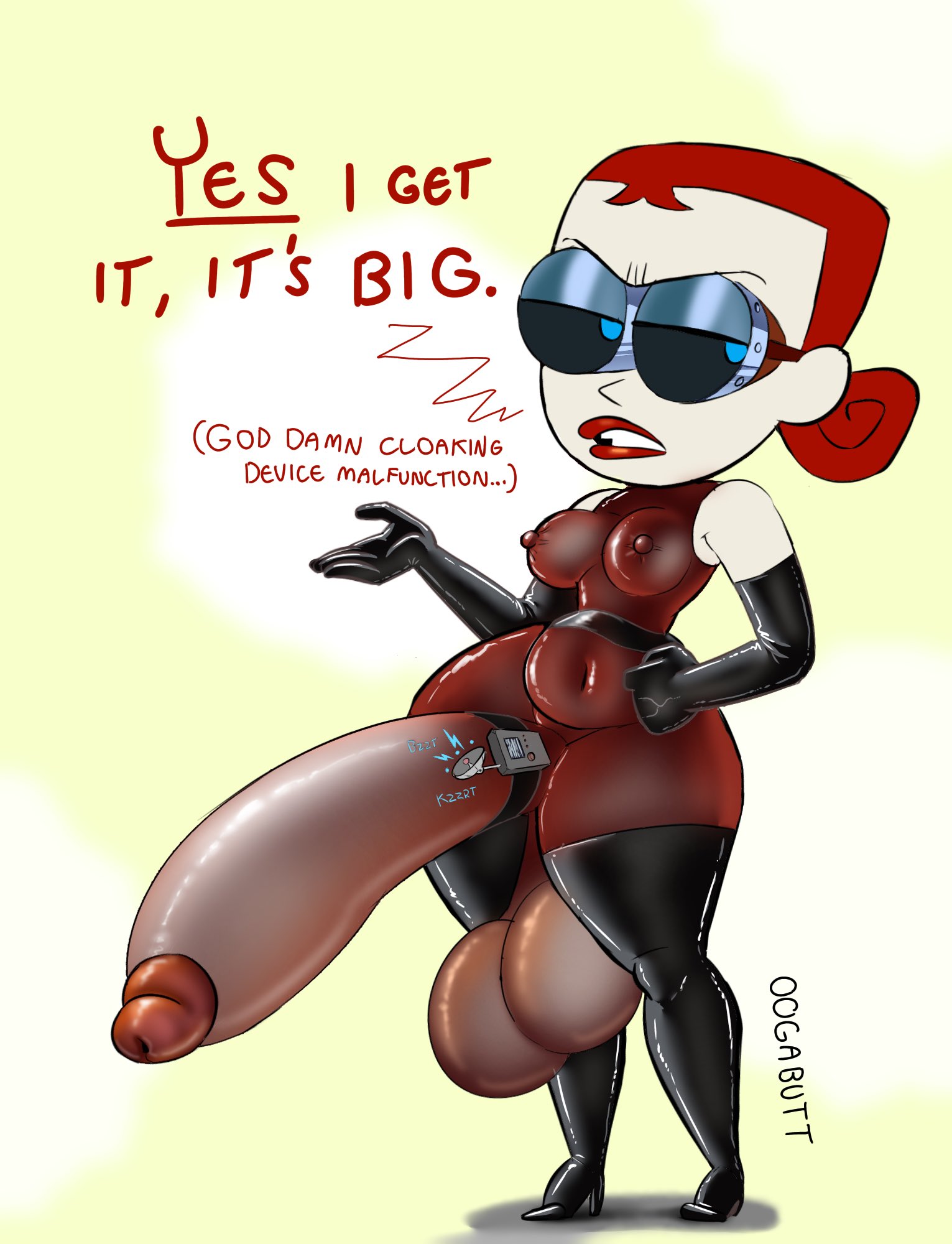 accessory, accidental exposure, annoyed, arm gloves, balls, big breasts, big penis, bodysuit, bottom heavy, breasts, erect nipples, evil con carne, futanari, goggles, hyper balls, hyper penis, intersex, major dr. ghastly, mature futa, nipples visible through clothing, oogabutt, penis, red hair, red lipstick, saggy balls, tagme, text, the grim adventures of billy and mandy, thick thighs, thigh boots