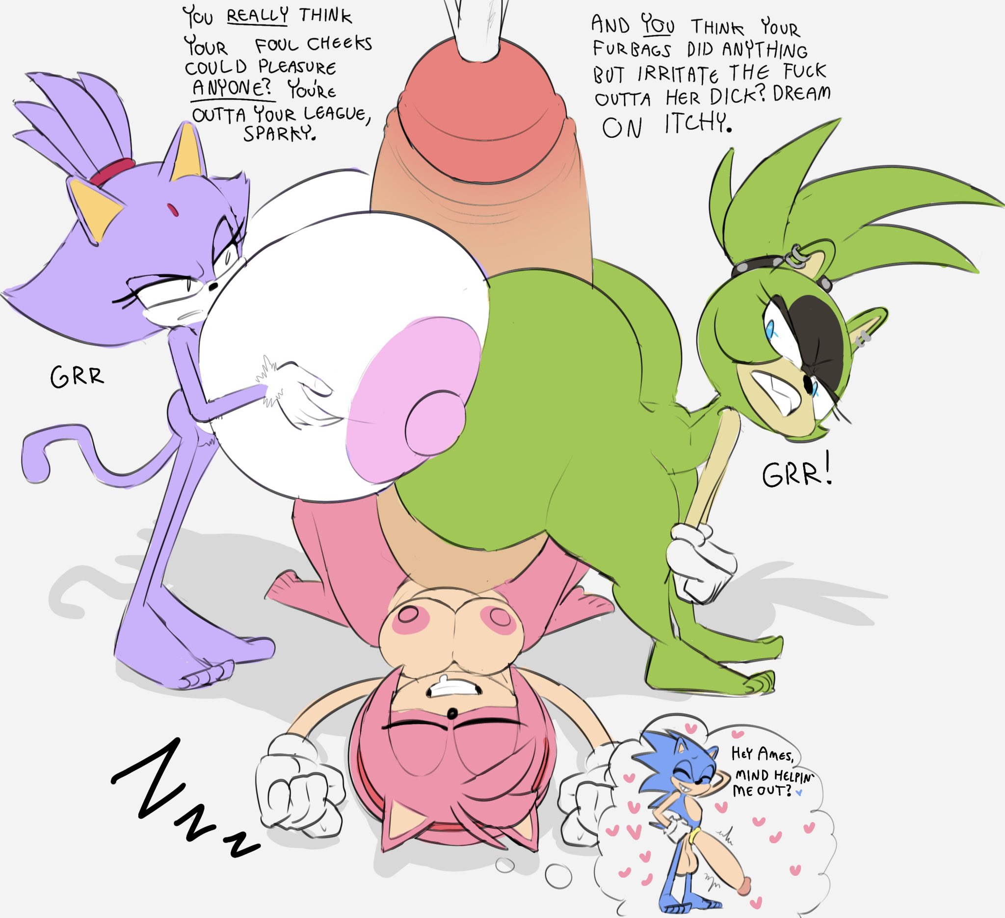 1boy, 1futa, 2girls, amy rose, anthro, areolae, ass, ass vs breasts, big ass, big breast, big breasts, big cock, blaze the cat, breasts, cock, cum, cumming, cumming while sleeping, dialogue, digital media (artwork), dreaming, feet, female, female on futa, furry, futa on female, futa with female, futanari, gloves, heart, huge boobs, huge breasts, huge cock, hyper penis, intersex, male, naked, nipples, oogabutt, penis, sleeping, somnophilia, sonic (series), sonic the hedgehog, sonic the hedgehog (series), surge the tenrec, twitching, twitching penis