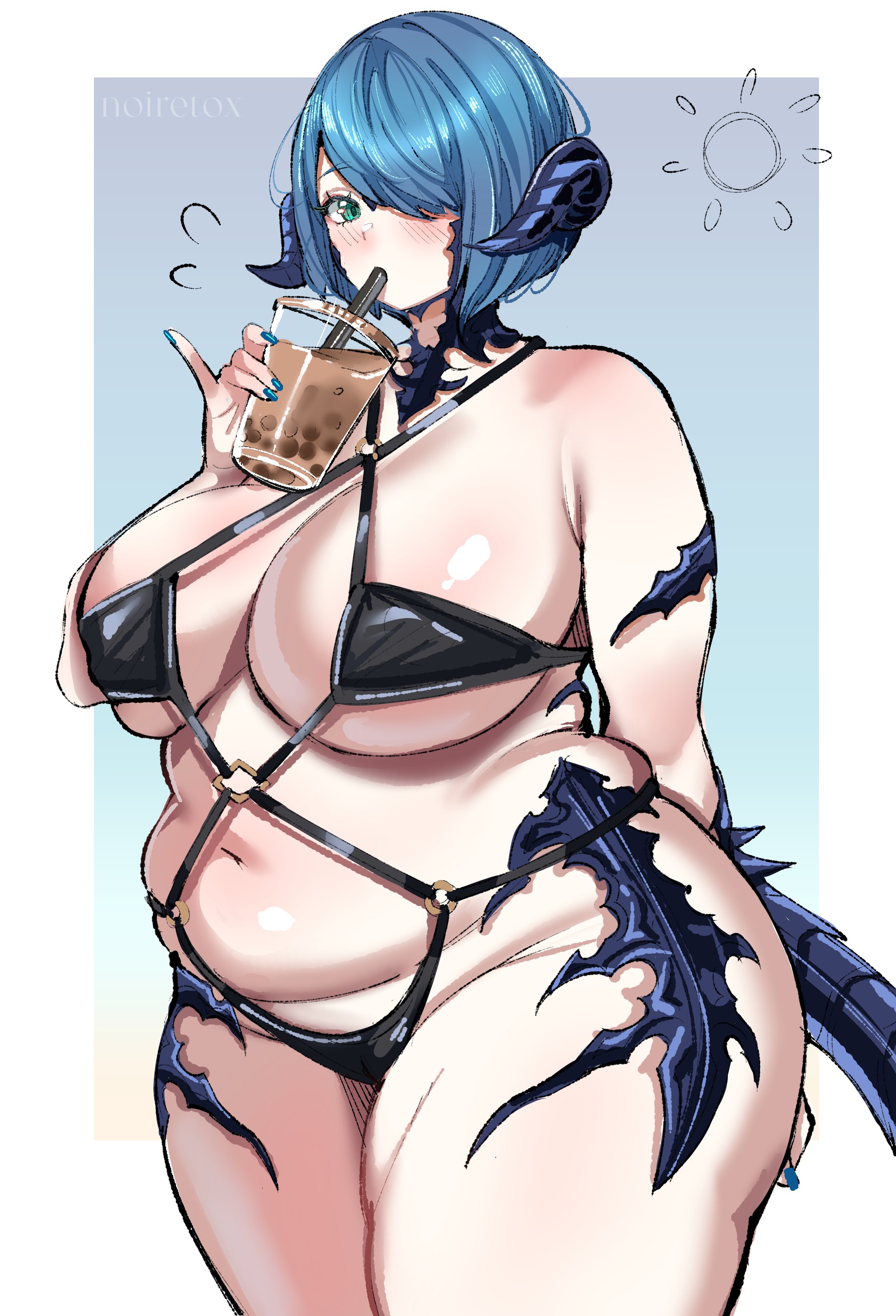 1girls, ass, au ra, bbw, big ass, big breasts, big butt, bikini, blue hair, bob cut, breasts, bubble tea, butt, chubby, chubby female, fat, fat ass, fat butt, fat female, female, female only, final fantasy xiv, ginormous ass, ginormous breasts, ginormous butt, green eyes, horns, huge ass, huge breasts, huge butt, large ass, large breasts, large butt, light, massive ass, massive breasts, massive butt, noiretox, revealing clothes, shadow, short hair, signature, solo, solo female, standing, sun, sunlight, sunny, tail