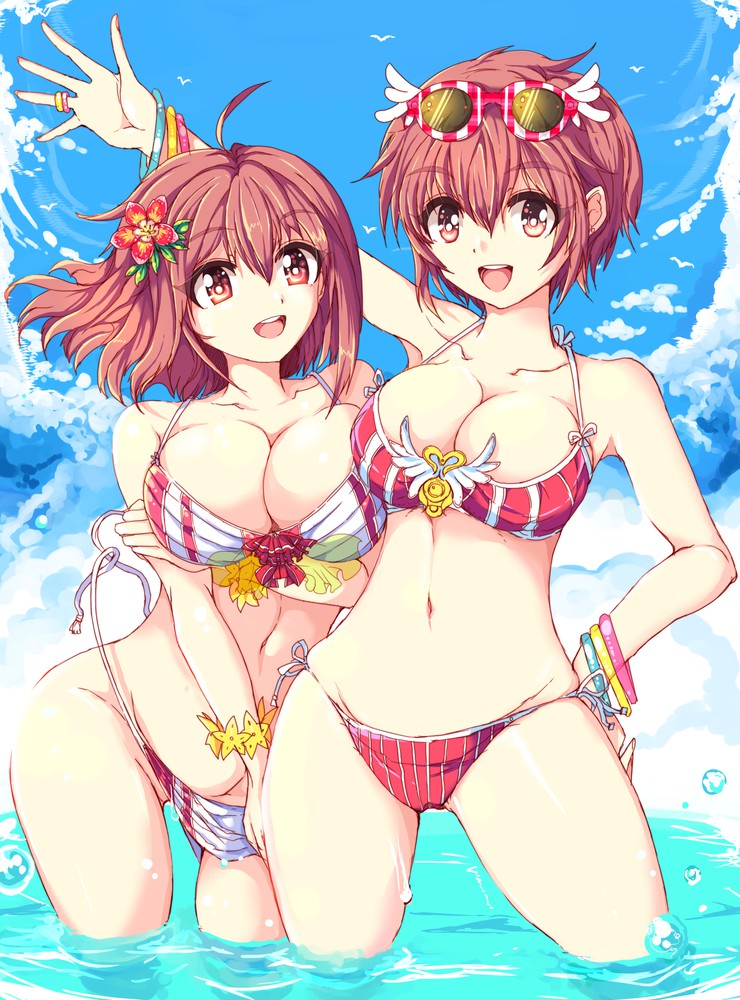 2girls :d bare_shoulders beach bikini blue_sky blush breast_hold breasts brown_hair cameltoe cleavage curvaceous echizen_(hvcv) eyewear_on_head female fire_emblem fire_emblem_if flower groin hair_flower hair_ornament high_resolution hinoka_(fire_emblem) jewelry large_breasts medium_breasts midriff multiple_girls navel nintendo ocean open_mouth pink_eyes pink_hair pose red_bikini red_hair ring sakura_(fire_emblem) short_hair siblings side-tie_bikini sisters sky smile spread_legs sunglasses sunglasses_on_head swimsuit undressing untied untied_bikini wardrobe_malfunction wristband