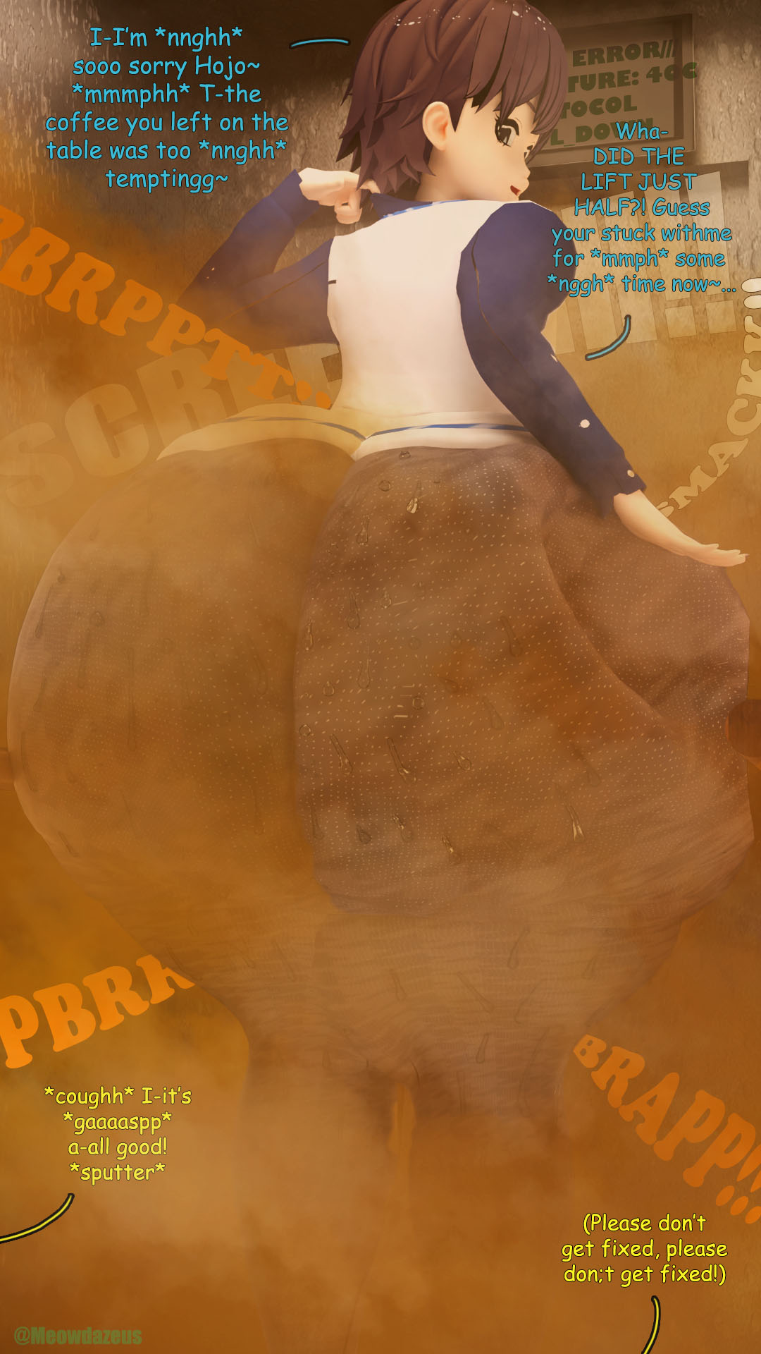 1femboy, adventures of shirou, ass focus, big ass, big butt, clothed, elevator, enjoying farts, fart, fart cloud, fart everywhere, fart fetish, farting, farting at viewer, femboy, hojo (meowdazeus), huge ass, huge butt, male, male fart, meowdazeus, offscreen character, offscreen male, shirou (meowdazeus), smacking own ass, sweaty ass, sweaty butt, text, thick thighs