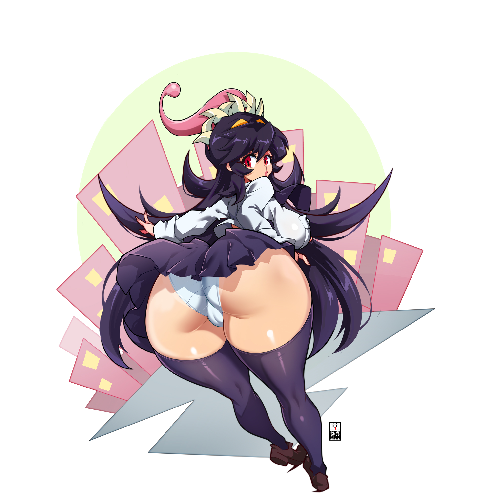 1girls, 2d, bayeuxman, black hair, female, filia (skullgirls), high resolution, long hair, necktie, panties, red eyes, samson (skullgirls), school uniform, skirt, skirt lift, skullgirls, tagme, thighhighs, thighs, tongue, tongue out, variant set, white panties