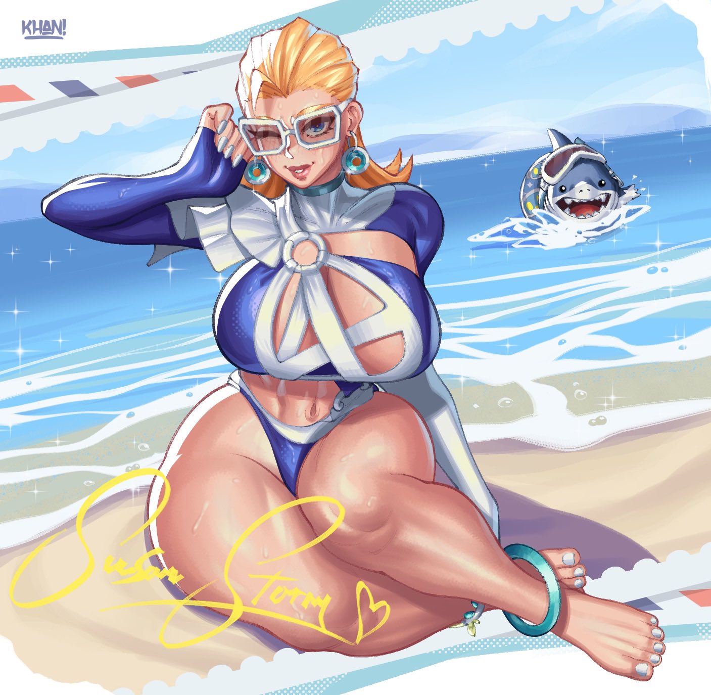 1girls, barefoot, beach, big breasts, bikini, blonde hair, blue eyes, breasts, cleavage, cleavage cutout, earrings, fantastic four, female, female only, flatillustratorkhan, howardk, howardk1999, invisible woman, invisible woman (azure shade), invisible woman (marvel rivals), jeff the land shark, jewelry, khan!, long hair, looking at viewer, marvel, marvel comics, marvel rivals, nail polish, ocean, one eye closed, painted fingernails, painted nails, painted toenails, sitting, solo, sue storm, swimsuit, tagme, thick thighs, thighs