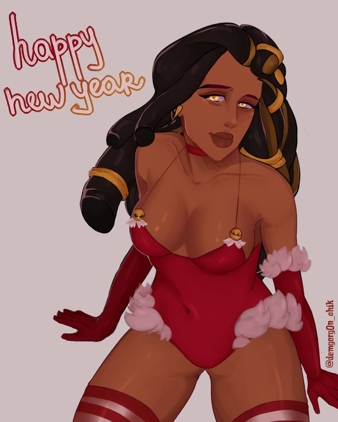 2d amber_eyes artist_name artist_request black_hair breasts brown_hair choker dark-skinned_female dark_skin dreadlocks earrings female fur gloves happy_new_year head_tilt holidays imani_(paladins) lingerie lips long_hair new_year paladins red_lingerie sitting solo stockings thick_lips thighs video_games