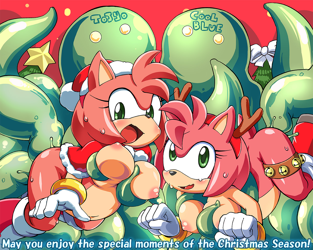 amy rose, breasts, christmas, coolblue, female, female penetrated, nipples, pink body, pregnant, pussy, restrained, santa hat, sonic (series), sonic the hedgehog (series), stomach bulge, tentacle, tojyo, vaginal penetration