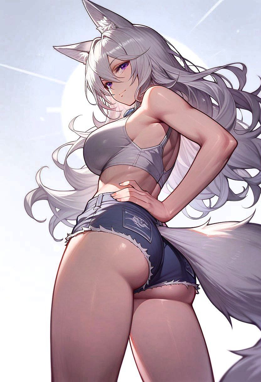 ai_generated ass blue_shorts cat_ears christina_sherman hand_on_back kristina_sherman purple_eyes shorts trixie_vox virtual_youtuber vtuber white_hair white_tail white_topwear