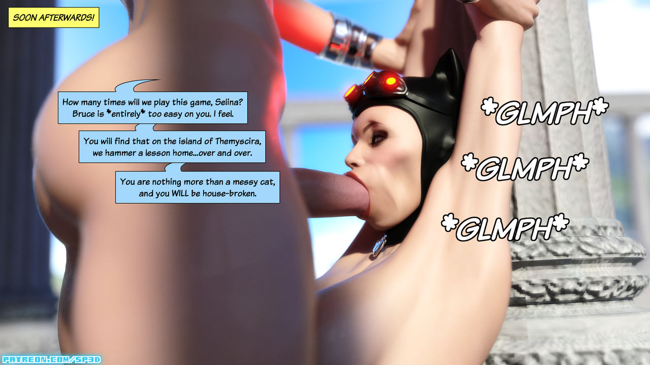 2futas, 3d, abs, absurd res, absurdres, amazon, ass, batman (series), big ass, big breasts, breasts, cat ears, catwoman, comic, curvy, dc, dc comics, dialogue, diana prince, fellatio, futa on futa, futa only, futadom, futanari, futasub, highres, intersex, muscular, muscular futa, oral, outdoors, outside, red lipstick, seductive eyes, seductive mouth, selina kyle, squarepeg3d, temple, text, thick thighs, throat fuck, voluptuous, wonder woman, wonder woman (series)