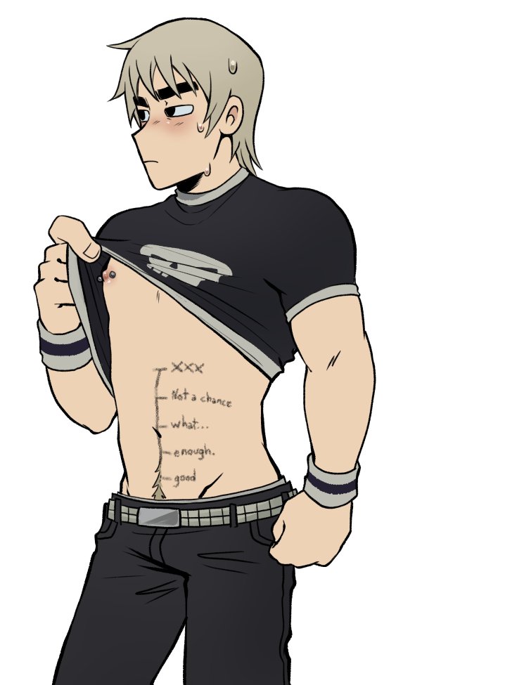 1boy belt blonde_hair dork_nokia gay nipples no_sex penetration_depth_mark pierced_nipples piercing pink_nipples pubic_hair pulling_up_shirt scott_pilgrim scott_pilgrim_takes_off todd_ingram wristbands writing_on_body yaoi