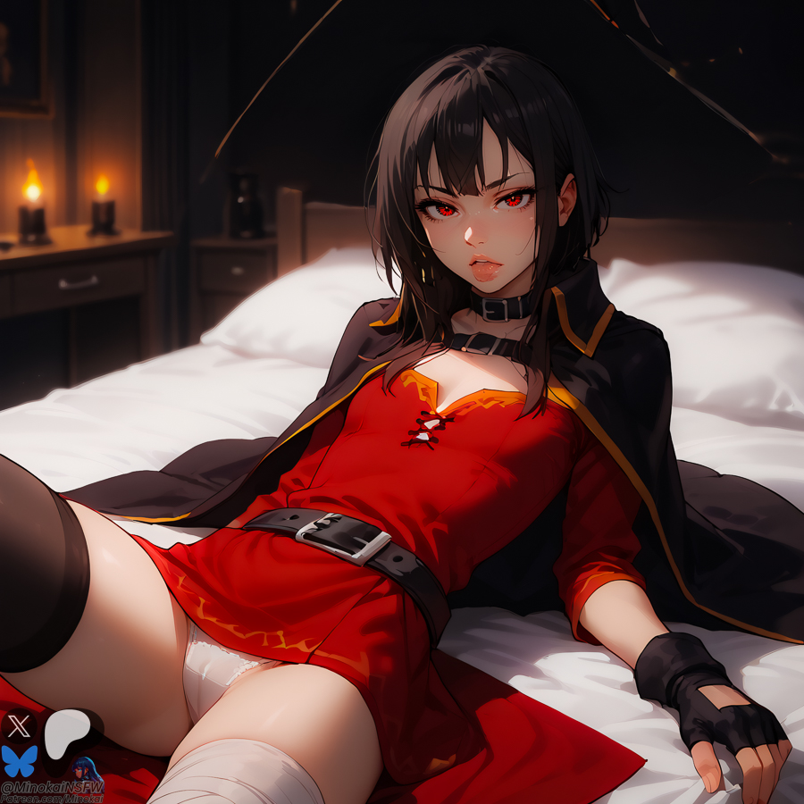 ai_generated brown_hair female flat_chest fully_clothed kono_subarashii_sekai_ni_shukufuku_wo! laying_on_bed megumin minokai panties red_eyes revealing_clothes self_upload waist_belt witch_hat