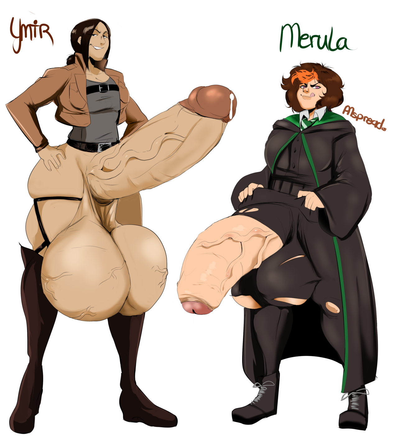 2futas, attack on titan, balls, ballsack, big balls, big penis, big testicles, crossover, cum, foreskin, futa only, futa with futa, futanari, genital growth, gigantic balls, gigantic penis, gigantic testicles, glans, harry potter, harry potter: hogwarts mystery, hogwarts robe, huge balls, huge penis, hyper, hyper balls, hyper penis, intersex, merula snyde, penis, penis growth, pumspread, robe, shingeki no kyojin, slytherin, slytherin tie, smug, straps, testicles, torn clothes, uncircumcised, uncut, veiny penis, witch (harry potter), ymir (shingeki no kyojin)