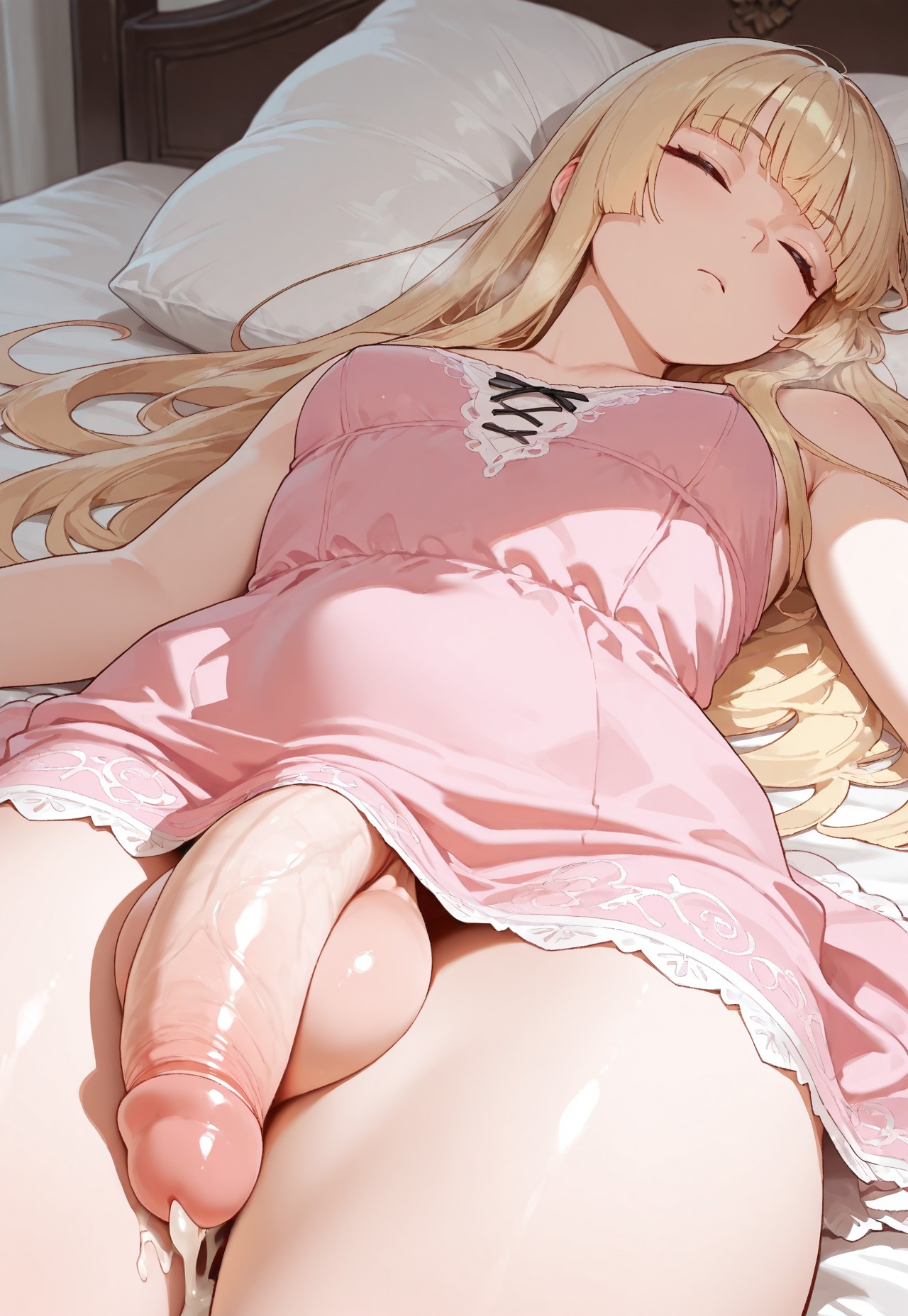 1futa, ai generated, balls, big penis, blonde hair, bottomless, breasts, closed eyes, closed mouth, cum, cumdrip, female, flaccid, futa only, futanari, hime cut, hime girl (jamesbron), intersex, jamesbron, large penis, long hair, lying, nightgown, no panties, on back, on bed, penis, penis focus, sleeping, small breasts, solo, solo futa, taker pov, thighs, veiny penis, wide hips