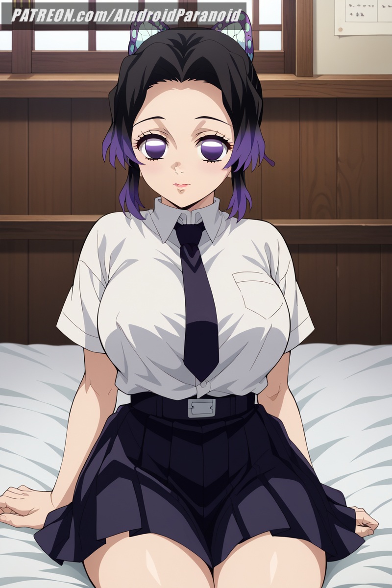 ai_generated aindroidparanoid ass ass bedroom bicolored_hair big_ass big_breasts big_butt black_hair busty curvy cute demon_slayer fat_ass female female_only hips huge_ass huge_breasts indoors kimetsu_no_yaiba kochou_shinobu large_ass large_breasts legs miniskirt narrow_waist purple_eyes purple_hair school_uniform schoolgirl shirt skirt slim_waist stable_diffusion thick_ass thick_thighs voluptuous waist wide_hips