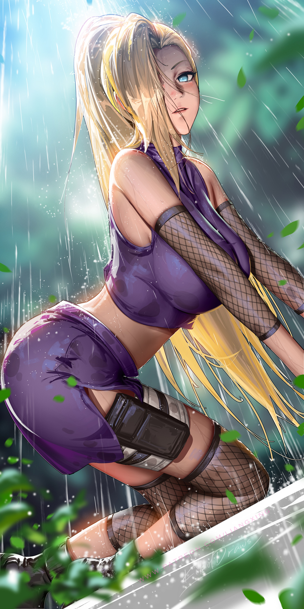 1girls all_fours blonde_hair blue_eyes breasts crop_top detached_sleeves fishnets highres ino_yamanaka large_breasts liang_xing miniskirt naruto naruto_(series) naruto_shippuden ponytail pouch purple_skirt rain skirt sleeveless solo thigh_pouch wet wet_hair