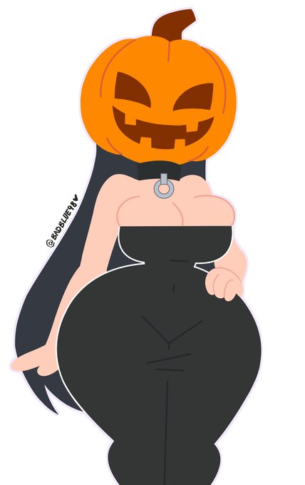 1girls artist_name black_hair breasts choker covered_face female female_only halloween large_breasts original original_character postblue98 pumpkin pumpkin_head