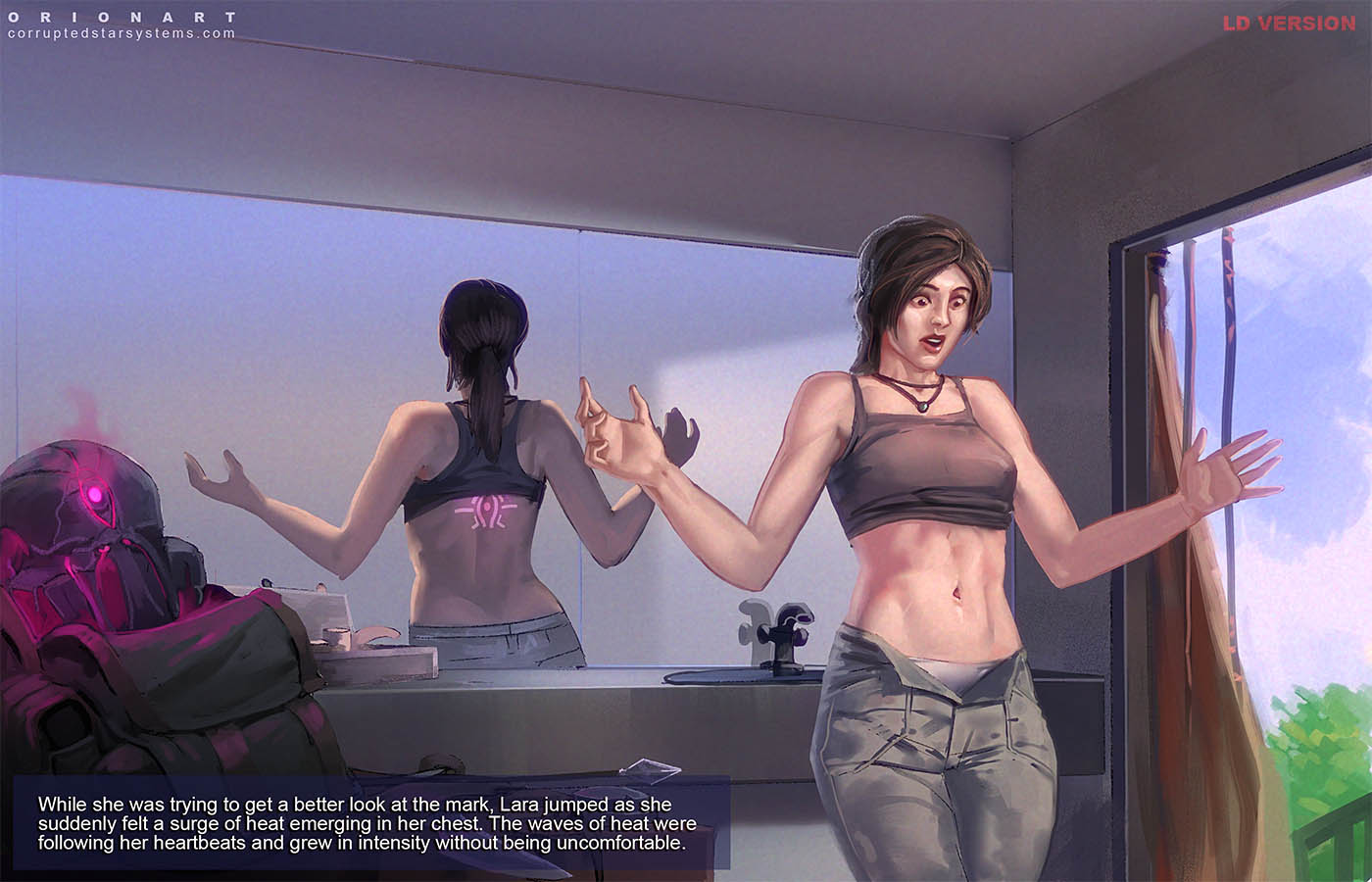 abs, body modification, breasts, breasts out, busty, color, corruption, expansion, female, female protagonist, growing, growth, lara croft, lara croft (survivor), modification, mutation, open mouth, orionart, parasite, surprised, text, tomb raider, tomb raider (survivor), url, watermark