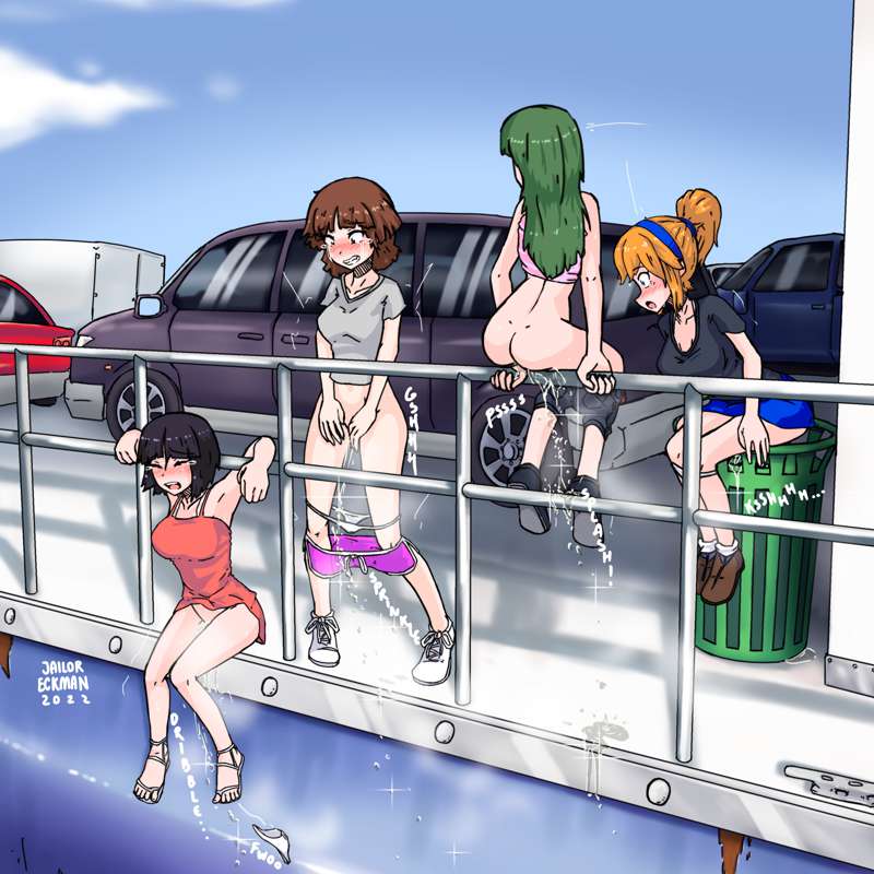 4girls ass black_hair black_shirt blonde_hair blue_skirt bra bra_strap breasts brown_hair car dress green_hair jailor_eckman long_hair original panties panty_pull peeing peeing_in_garbage_bin peeing_outside ponytail shirt short_hair shorts_pull skirt underwear white_bra white_panties