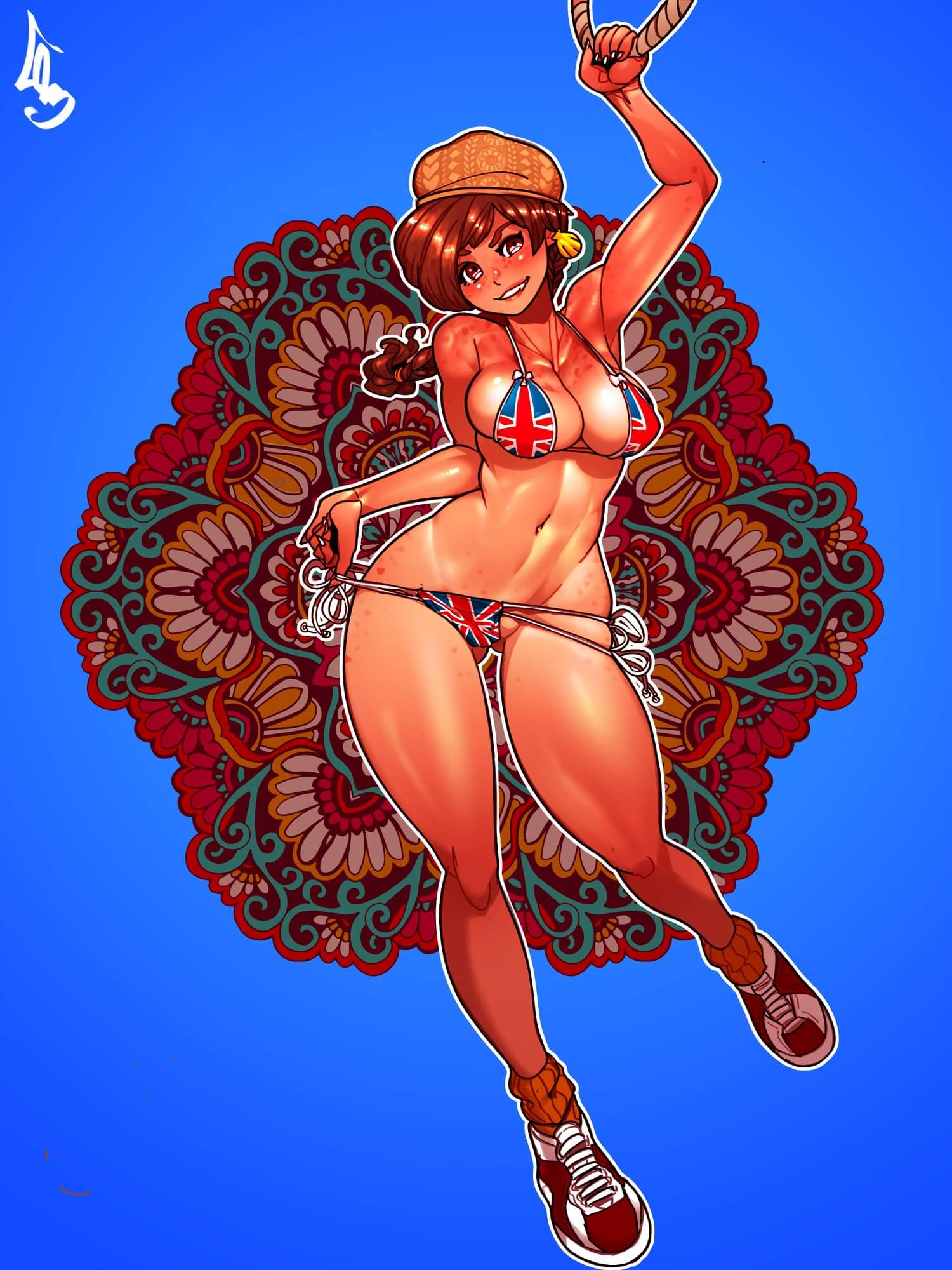 armpits aubrey_(sea_legs) bikini bikini_tug blue_background blush breasts brown_hair cheunchin cleavage earrings female female_only footwear freckles full_body gradient_background hat human large_breasts long_hair looking_at_viewer low-tied_long_hair navel ponytail sea_legs seashell_earrings shoes side-tie_bikini signature smile sneakers socks solo toned union_jack union_jack_bikini webcomic