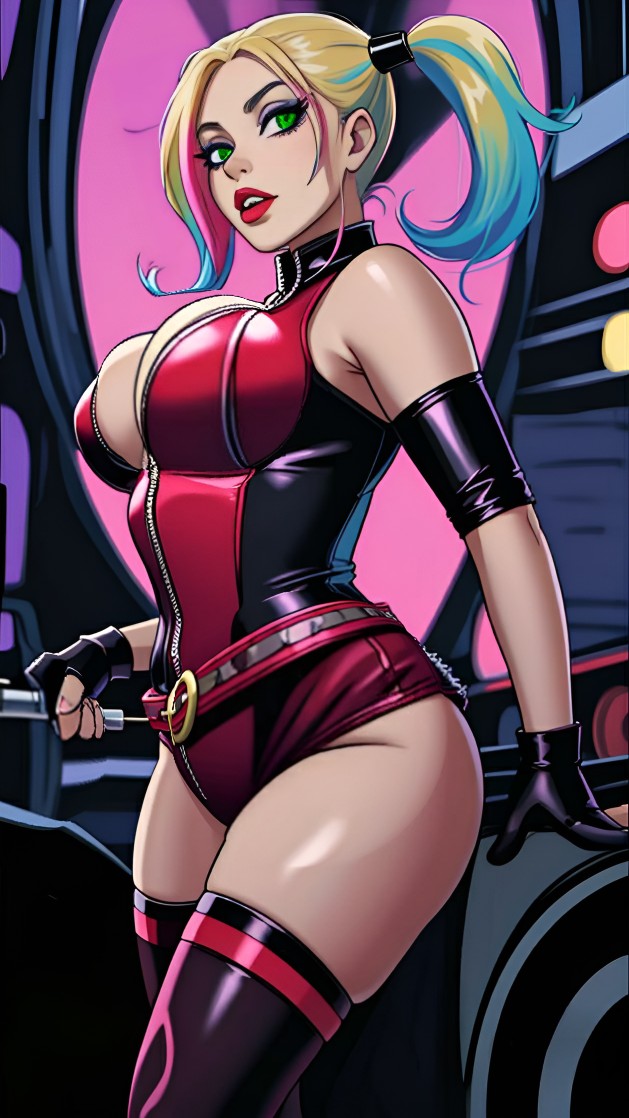 1girls ai_generated batman_(series) breasts dc dc_comics female female_focus female_only gloves green_eyes harleen_quinzel harley_quinn joker_(film) lady_gaga legs multicolored_hair solo solo_female solo_focus voluptuous voluptuous_female wide_hips