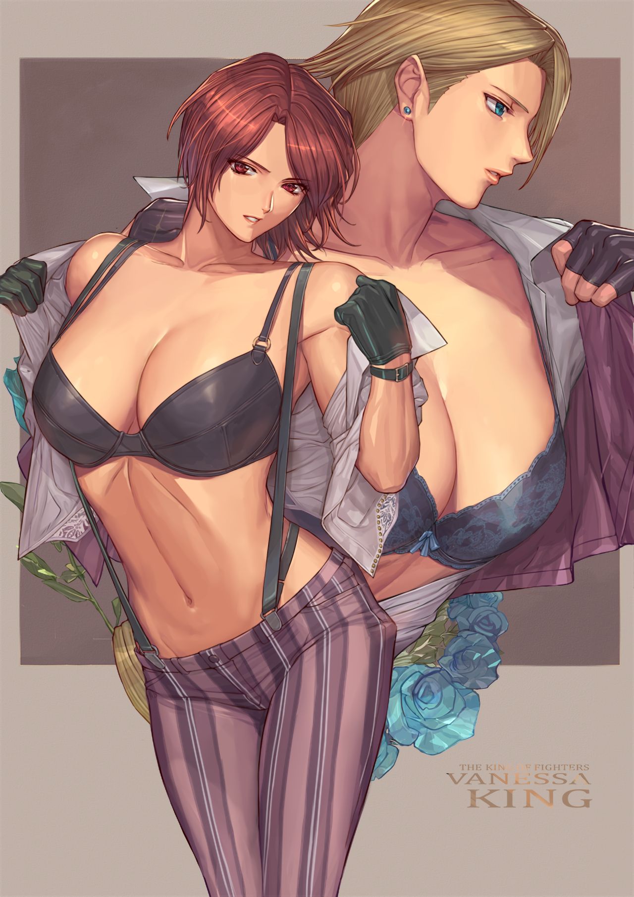 2girls big_breasts blonde_hair blue_eyes breasts busty clothed earrings female gloves ibanen inviting king_(snk) king_of_fighters leather light-skinned_female light_skin medium_hair open_clothes pants red_eyes red_hair seduction seductive shirt short_hair showing_breasts standing suit suspenders thick_thighs thighs undressing vanessa_(kof) voluptuous voluptuous_female white_shirt wide_hips