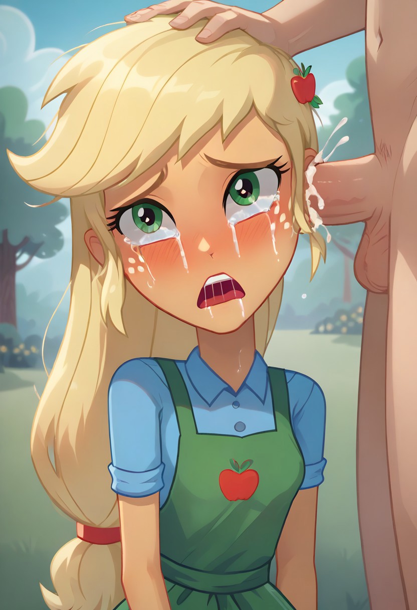 ai_generated applejack_(eg) applejack_(mlp) blush breasts clothed_sex clothing crying cum dress ear_fuck ear_penetration ear_sex equestria_girls human mindfuck my_little_pony open_mouth outdoors rape sex