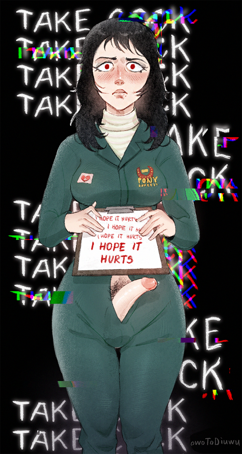 1futa angry anya_(mouthwashing) black_hair bulge bulge_through_clothing clipboard cock coveralls demanding demanding_blowjob dick evaluation fully_clothed futa_only futanari futanari_only holding_clipboard holding_object holding_sign long_hair looking_at_viewer messy_hair mouthwashing mouthwashing_(game) nurse owotodiuwu penis penis_tip pubic_hair question red_eyes scary text tip turtleneck uniform