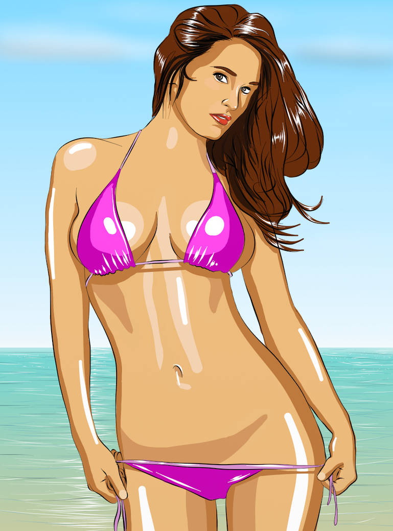 beach belly bikini_girl brown_eyes brown_hair cleavage leaning looking_at_viewer ocean purple_bikini red_lips small_breasts standing tuonenjoutsen tuonenjoutsen_girls water