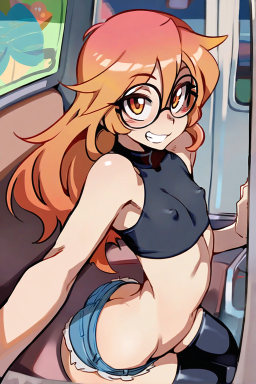 ai_generated arched_back ass black_shirt black_thighhighs denim denim_shorts female flat_chest from_side glasses gradient_hair grin long_hair lowleg microshorts midriff navel nipple_bulge no_bra orange_eyes orange_highlights peach_hair round_glasses side_view sitting skindentation sleeveless small_breasts smile solo thighhighs tomboy zorkpics