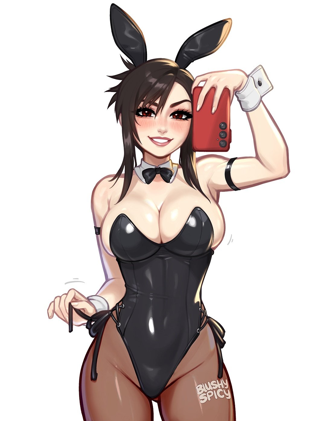 1girls artist_logo artist_name artist_signature black_hair blushypixy blushyspicy bunny_costume bunny_ears bunny_girl bunny_suit bunnygirl bunnysuit clothed clothed_female clothing female female_only final_fantasy holding_object holding_phone human looking_at_viewer red_eyes revealing_clothes selfie smile smiling_at_viewer three-quarter_portrait three-quarter_view tifa_lockhart url variant variations