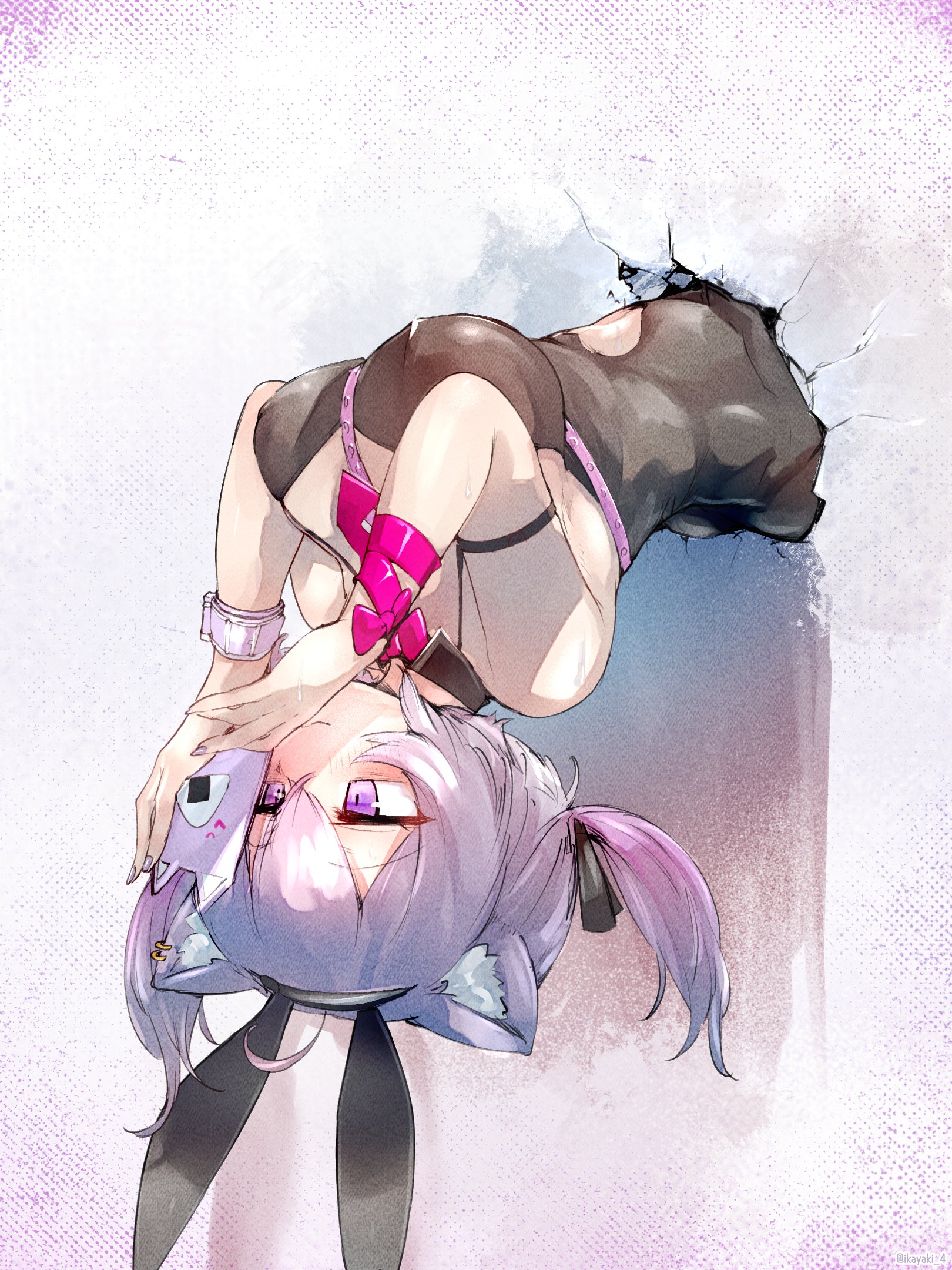1girls, ahoge, ass cheeks, breasts, bunny ears, bunny girl, bunnysuit, cat ears, female, grin, grinning, hatsune miku (cosplay), hololive, hololive gamers, hololive japan, ikayaki, ikayaki (ikayaki4), large breasts, light skin, light-skinned female, looking at phone, nekomata okayu, on phone, pink tie, purple eyes, purple hair, rabbit hole (vocaloid), solo, solo female, stuck in wall, through wall, tie, twintails, upside-down, virtual youtuber, vtuber
