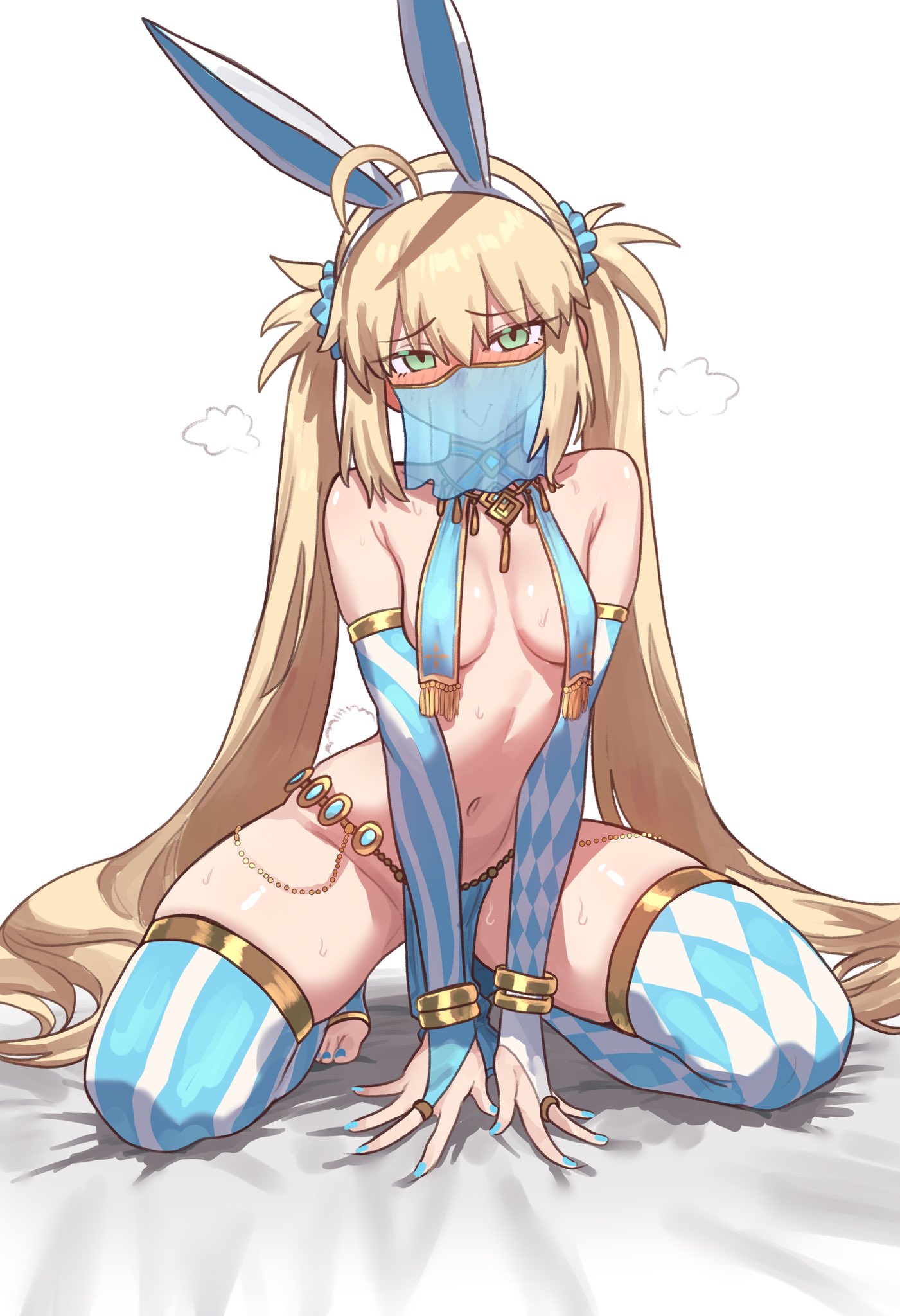 1girls, artoria caster (fate), artoria pendragon, artoria pendragon (caster), blonde hair, breasts, bunny ears, dancer outfit, ebora, fate (series), fate/grand order, female, green eyes, harem outfit, light skin, light-skinned female, long hair, naughty face, pelvic curtain, petite, petite body, small breasts, stirrup legwear, stirrup thighhighs, striped thighhighs, thighhighs, thighs, twintails, youngmanisdown