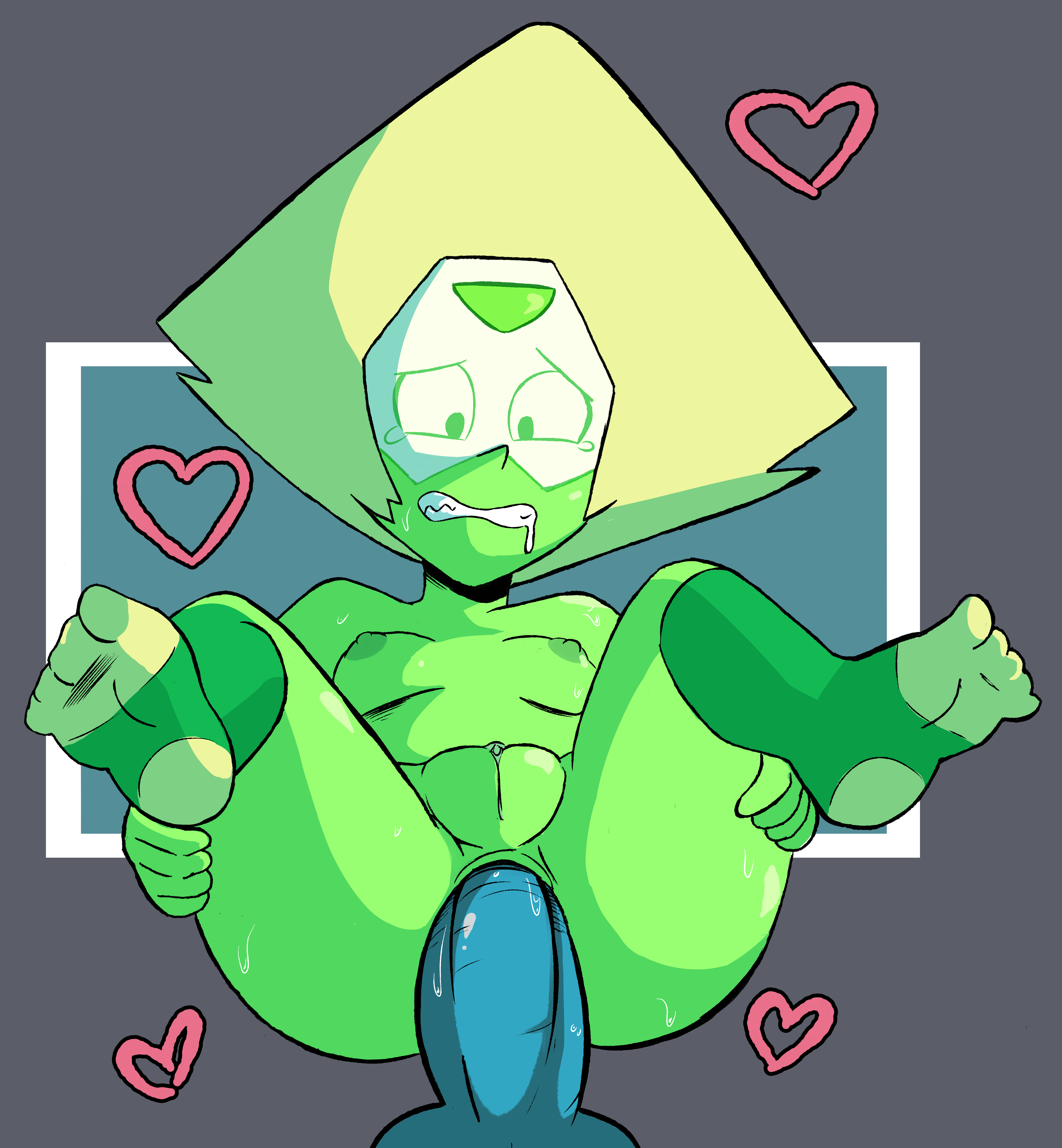 absurdres, anal, anal sex, anus, areolae, breasts, cartoon network, clenched teeth, clitoral hood, clitoris, drooling, feet, female, female focus, futanari, gem (species), green skin, heart, intersex, lapis lazuli (steven universe), mostly nude, ninoeros, nipples, on back, penetration, penis, peridot (steven universe), pussy, sex, small breasts, socks, solo focus, spread legs, steven universe, sweat, tears, visor