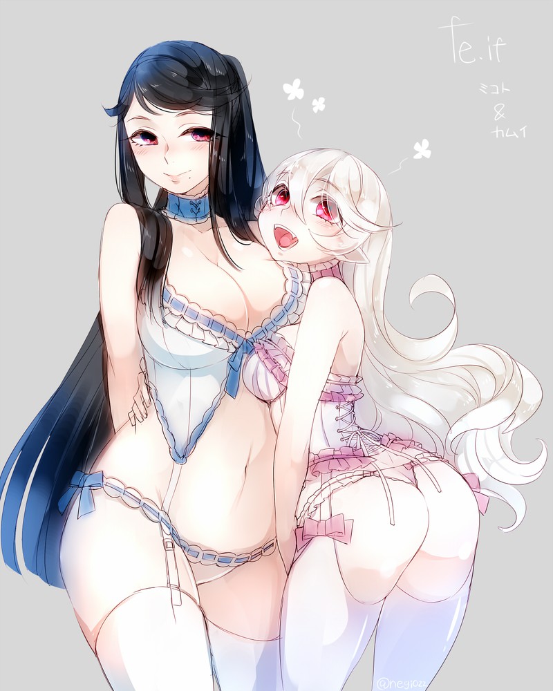 2girls, ass, babydoll, black hair, blush, breasts, choker, cleavage, corrin (fire emblem), corrin (fire emblem) (female), corset, curly hair, curvaceous, daughter, elf, female, female only, fire emblem, fire emblem fates, garter straps, grey background, hairband, high resolution, hug, large breasts, lingerie, long hair, mikoto (fire emblem), milf, mole, mole under mouth, mother, mother and daughter, multiple females, multiple girls, navel, negiwo, nintendo, open mouth, pantsu, pointed ears, red eyes, simple background, smile, thighhighs, underwear, very long hair, white legwear, white panties, white underwear