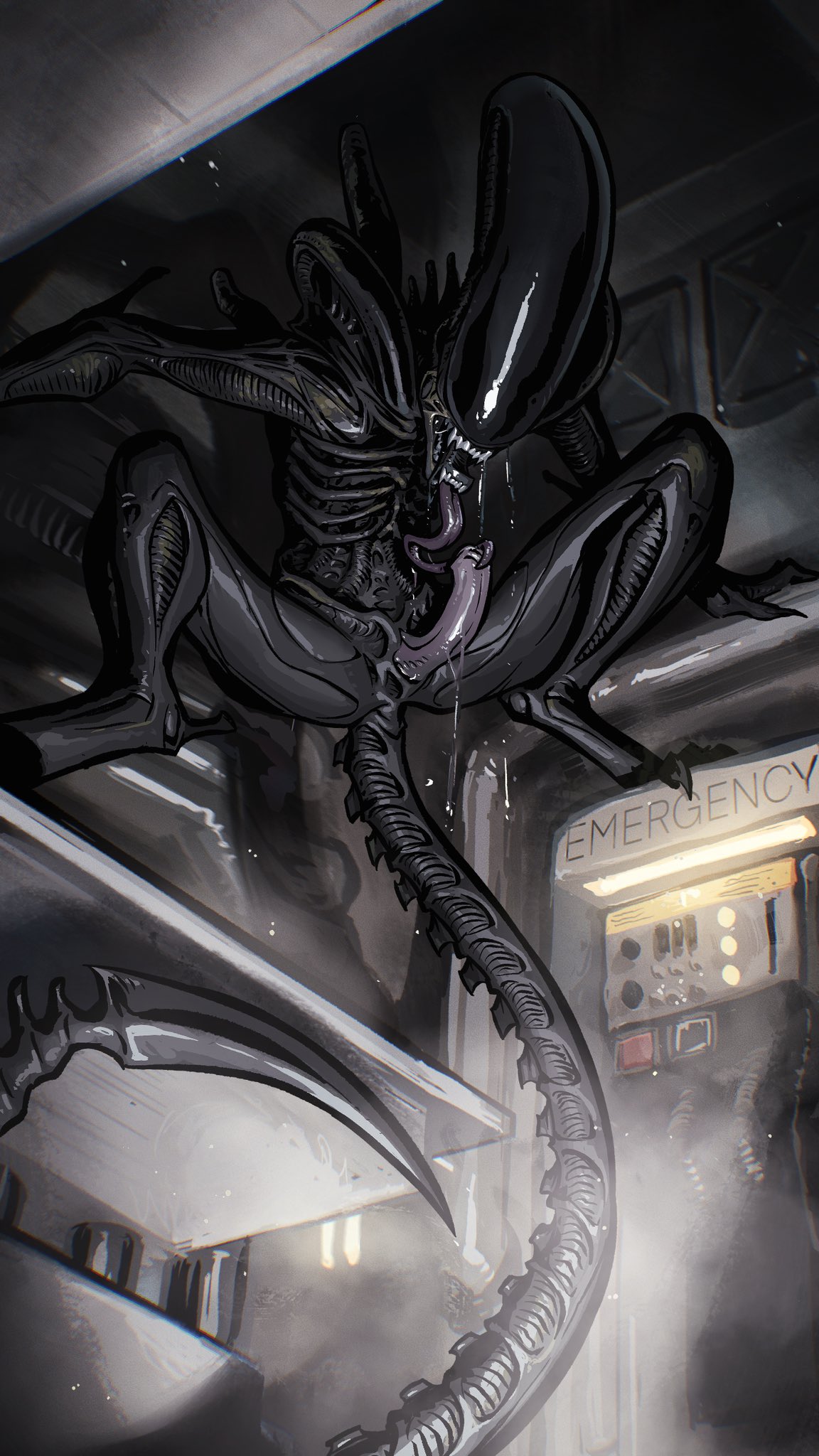 2024 alien alien_(franchise) alien_genitalia anthro black_body bodily_fluids detailed digital_media_(artwork) drooling erection eyeless genital_fluids genitals hanging_from_ceiling hi_res humanoid licking light_from_below long_tongue male male_xenomorph maxspite nude open_mouth oral penile penis penis_lick phone_booth saliva sex sharp_tail solo tail teeth tongue xenomorph