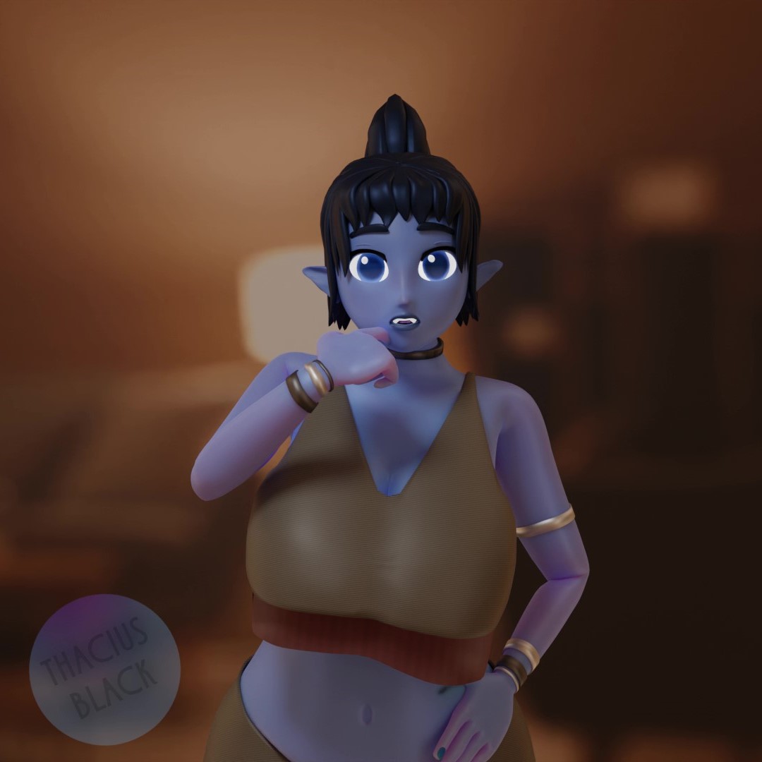 3d 3d_(artwork) bedroom black_hair blue_body blue_eyes blue_skin fangs goblin goblin_female gudoe(thaciusblack) imp large_breasts looking_at_viewer shortstack thaciusblack wide_hips