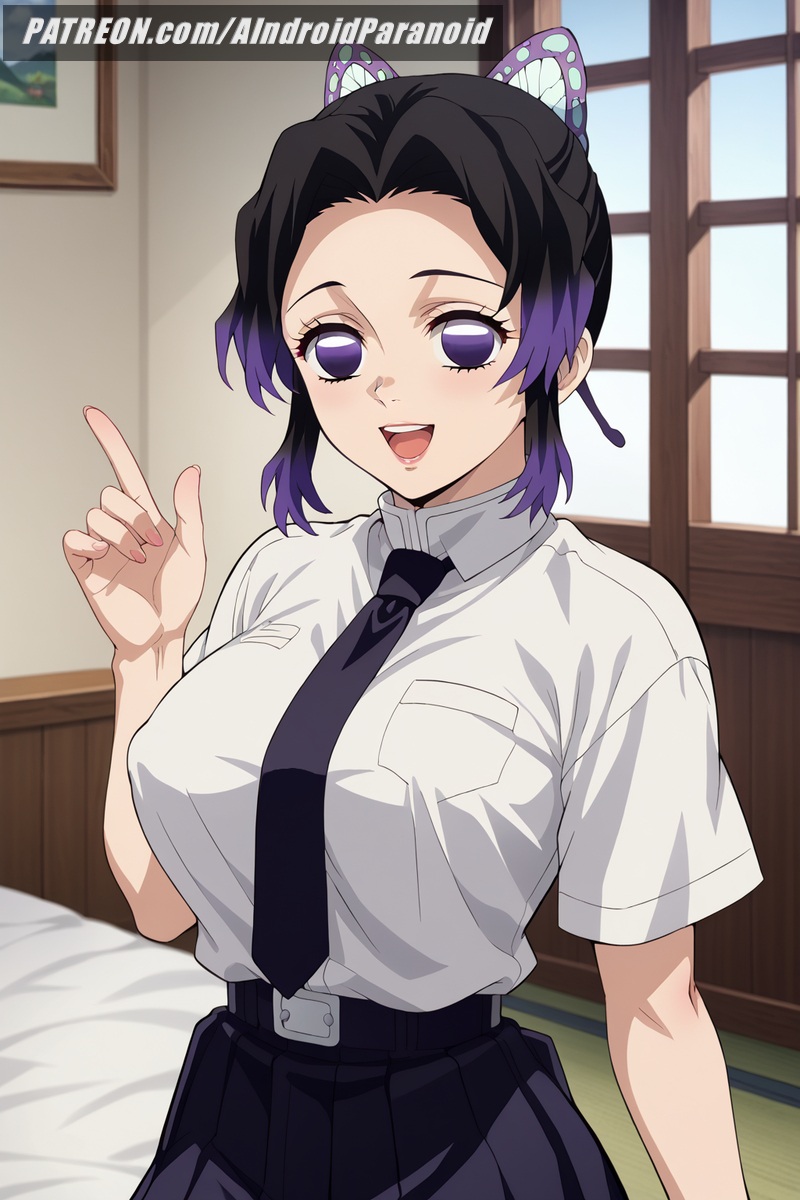 ai_generated aindroidparanoid ass bedroom bicolored_hair big_ass big_breasts big_butt black_hair busty curvy cute demon_slayer fat_ass female female_only hips huge_ass huge_breasts indoors kimetsu_no_yaiba kochou_shinobu large_ass large_breasts legs miniskirt narrow_waist purple_eyes purple_hair school_uniform schoolgirl shirt skirt slim_waist stable_diffusion thick_ass thick_thighs voluptuous waist wide_hips