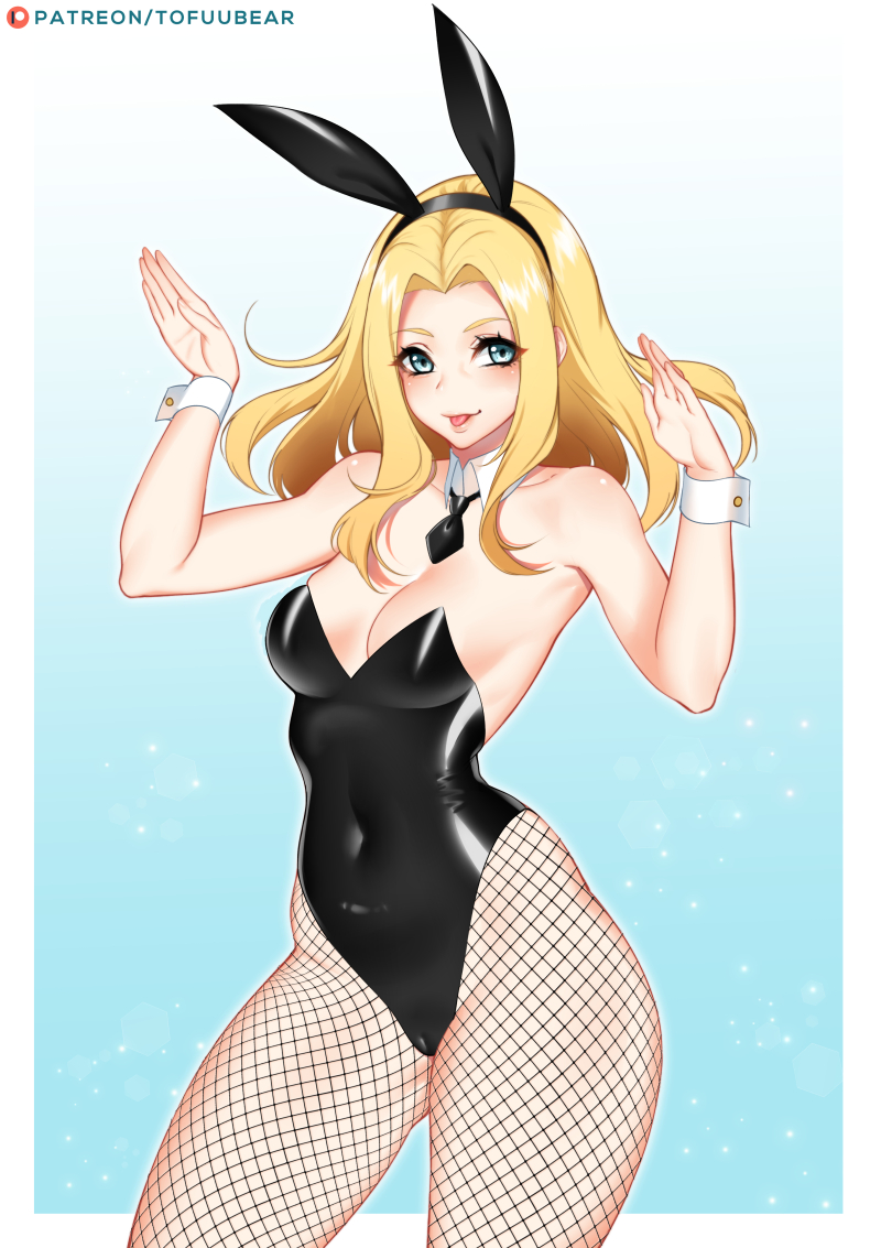 blonde hair, breasts, bunny ears, bunny girl, bunnysuit, cameltoe, cleavage, detached collar, female, female only, league of legends, looking at viewer, luxanna crownguard, pussy, solo, tofuubear