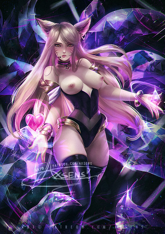 ahri, alternate costume, areolae, axsens, blonde hair, breasts, female, female only, k/da ahri, k/da series, league of legends, looking at viewer, nipples, solo, thighhighs